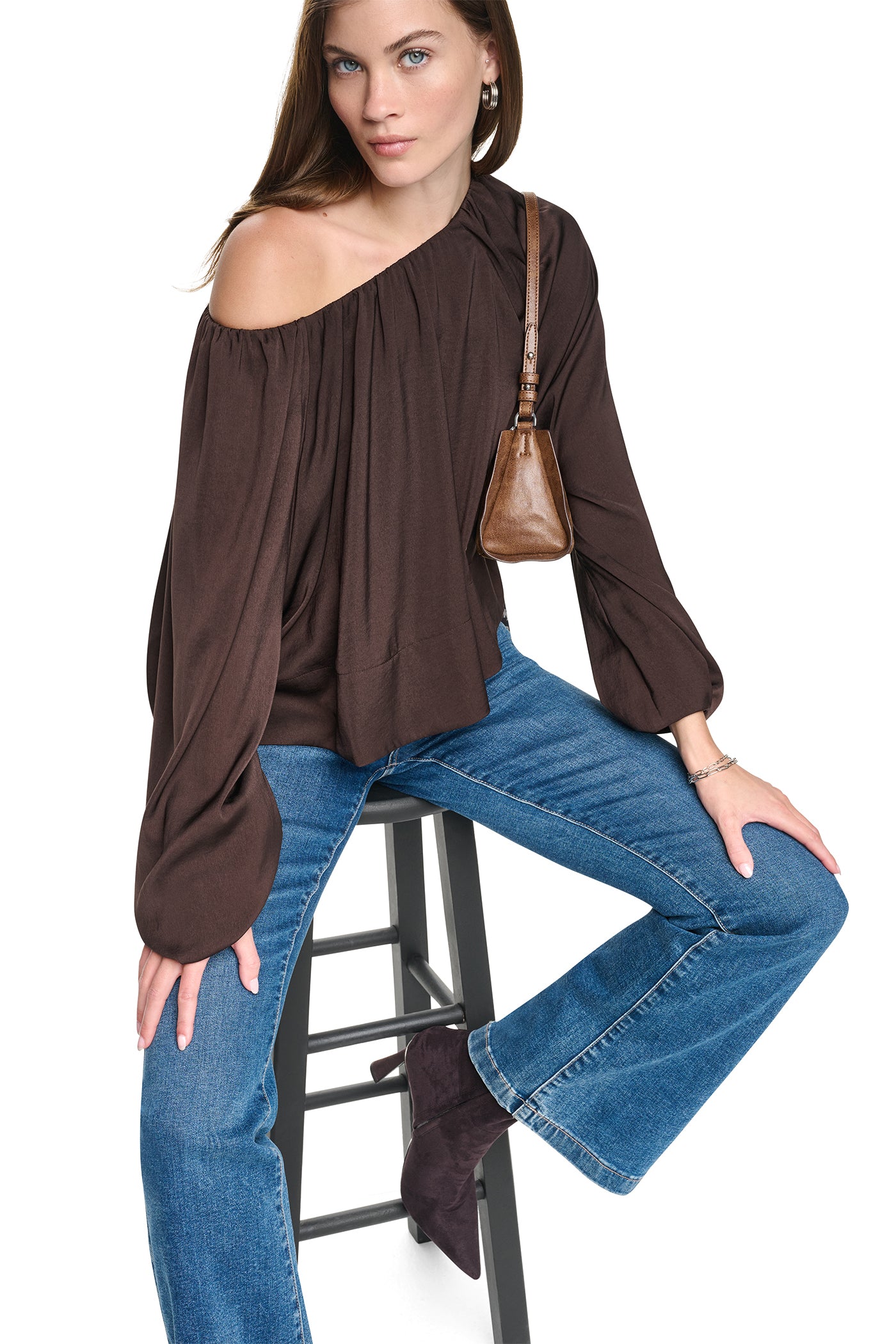 Espresso RAGLAN SLEEVE SHIRRED TOP, VIEW 1 | New clothing