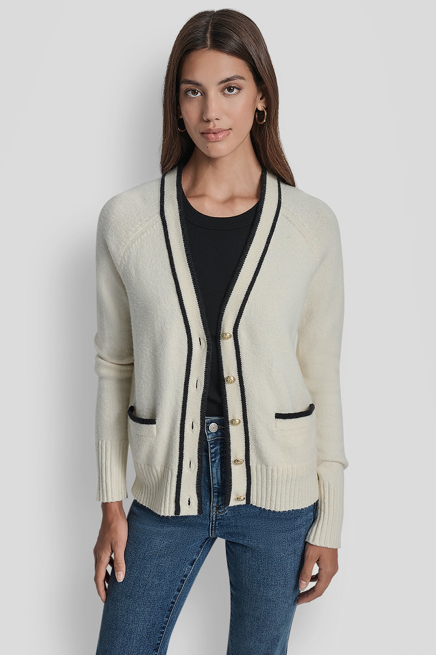 LONG SLEEVE TIPPED V-NECK CARDIGAN WITH REGAL BUTTON VIEW 6 | WOMEN'S SWEATERS & TOPS