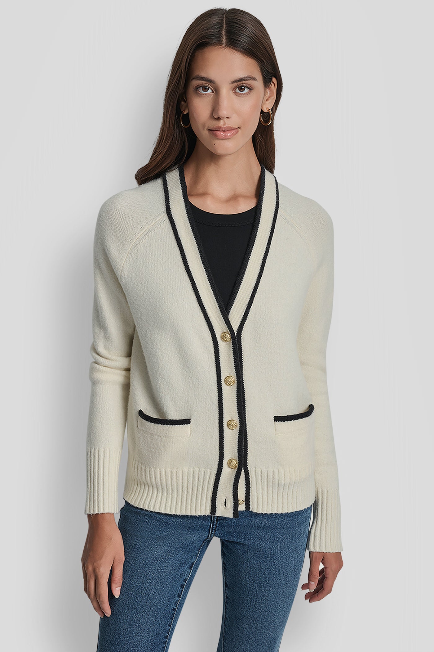 EGGNOG/BLACK LONG SLEEVE TIPPED V-NECK CARDIGAN WITH REGAL BUTTON, FRONT VIEW | WOMEN'S SWEATERS & TOPS