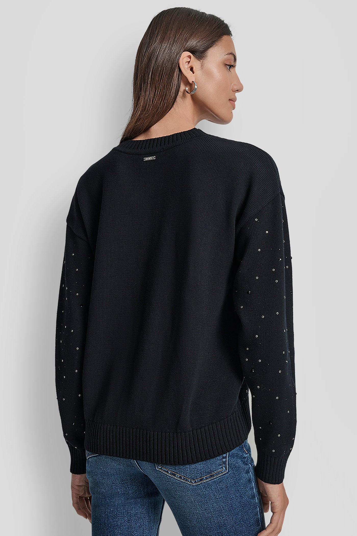 Black LONG SLEEVE RHINESTONE CREW NECK SWEATER, BACK VIEW | New Arrivals