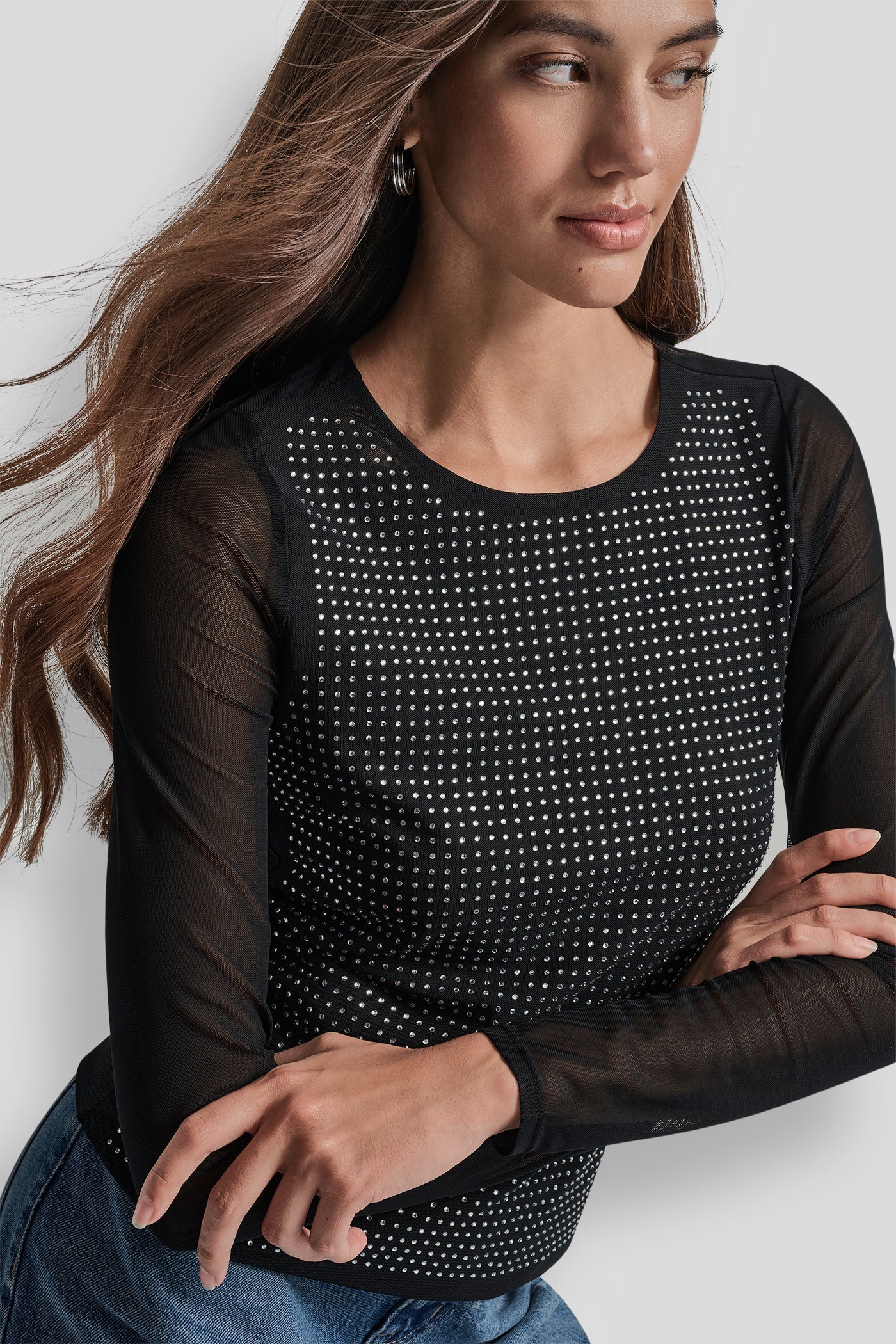 BLACK/SILVER STUDDED MESH TOP, VIEW 1 | Back-To-School Shop