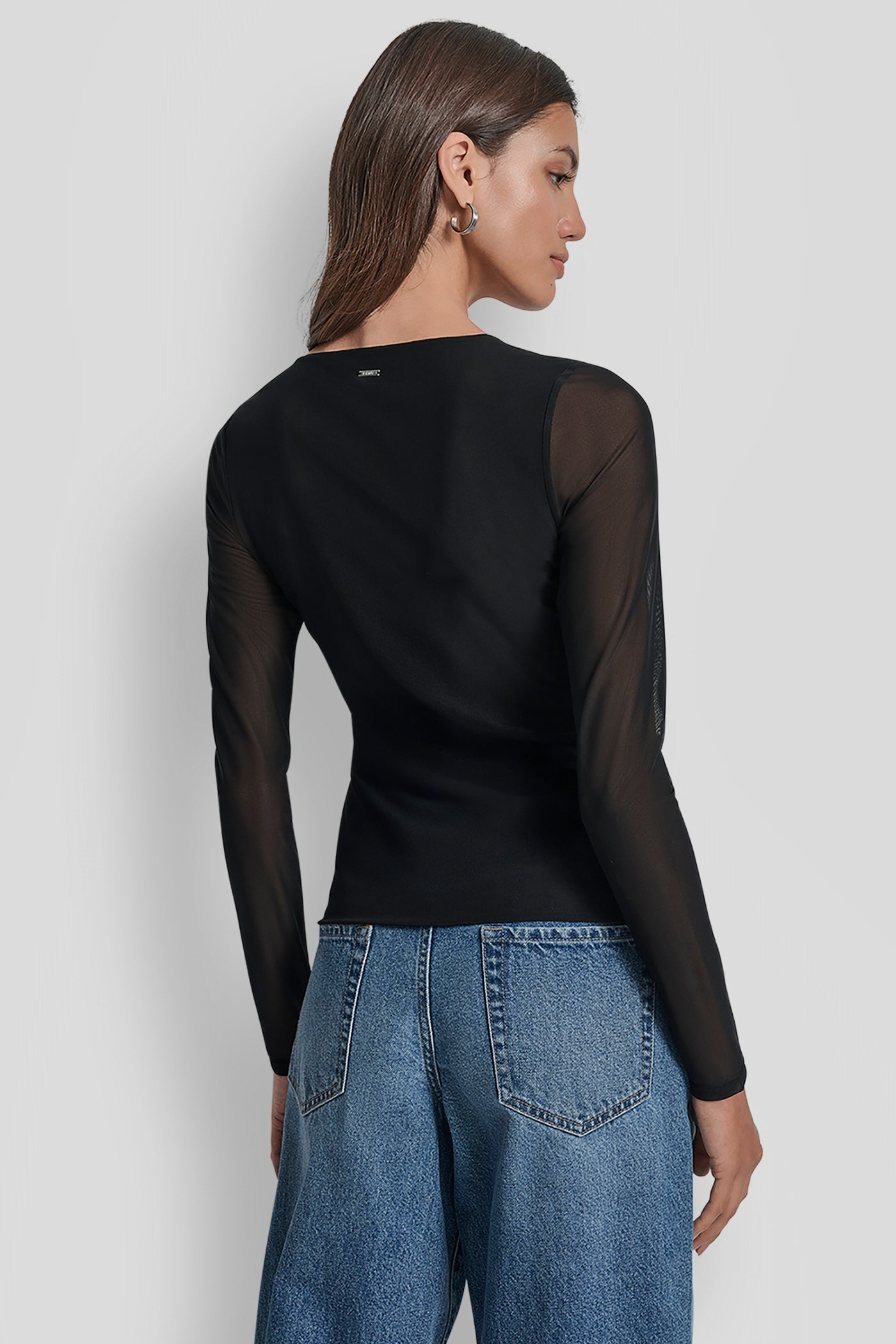 BLACK/SILVER DOME STUDS MESH LONG SLEEVE TOP, BACK VIEW | All Products