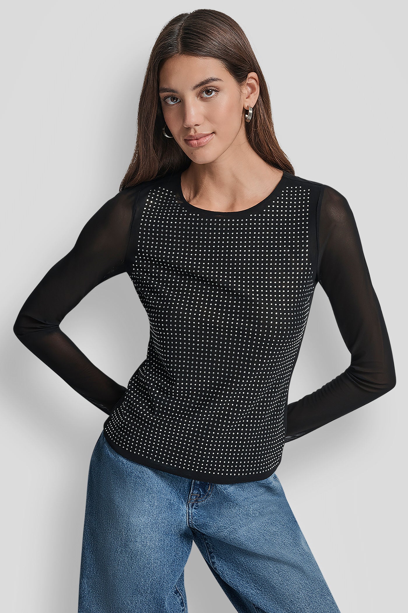 BLACK/SILVER DOME STUDS MESH LONG SLEEVE TOP, FRONT VIEW | All Products