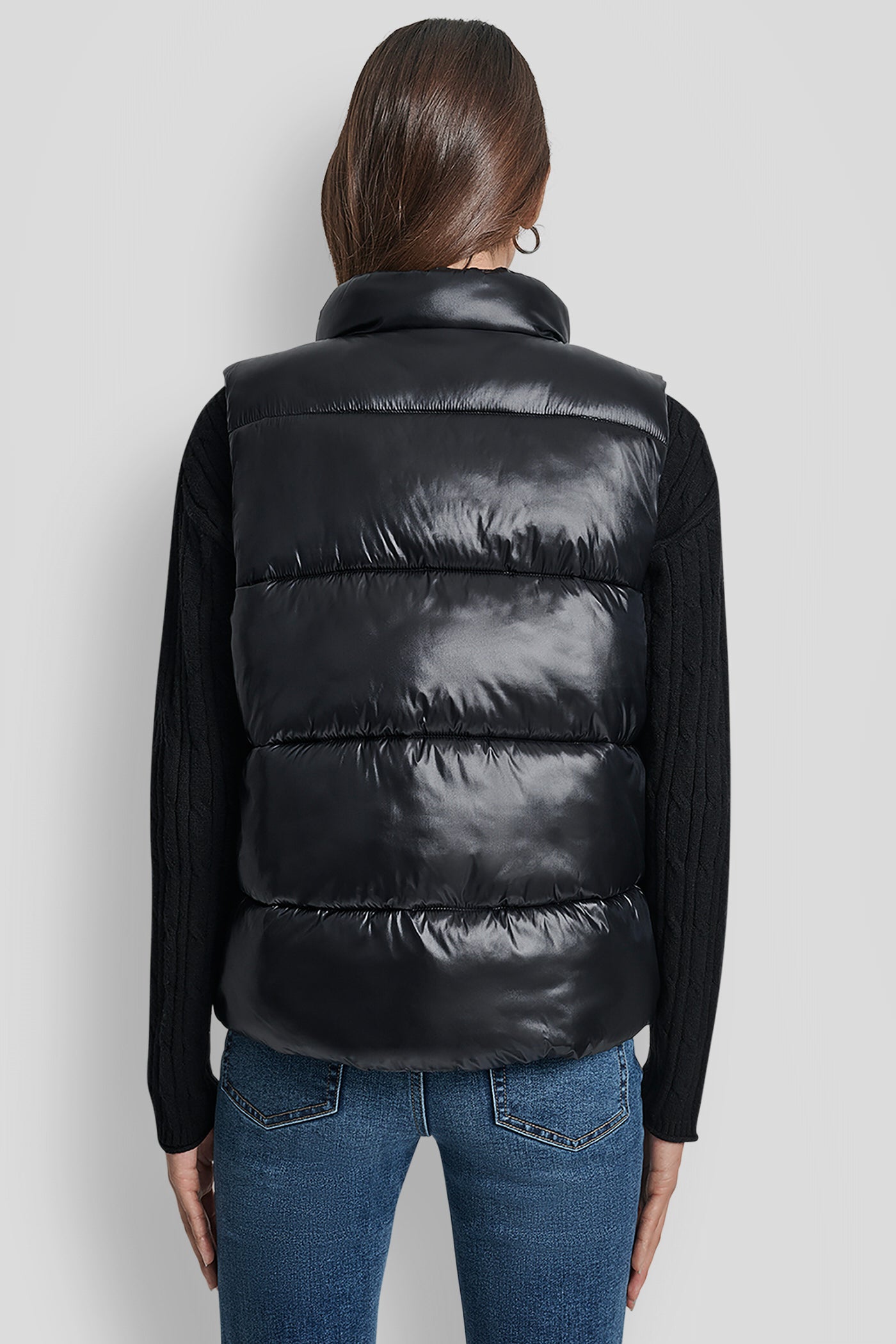METALLIC BLACK QUILTED MOCK NECK LOGO PUFFER VEST, BACK VIEW | WOMENS COATS & JACKETS