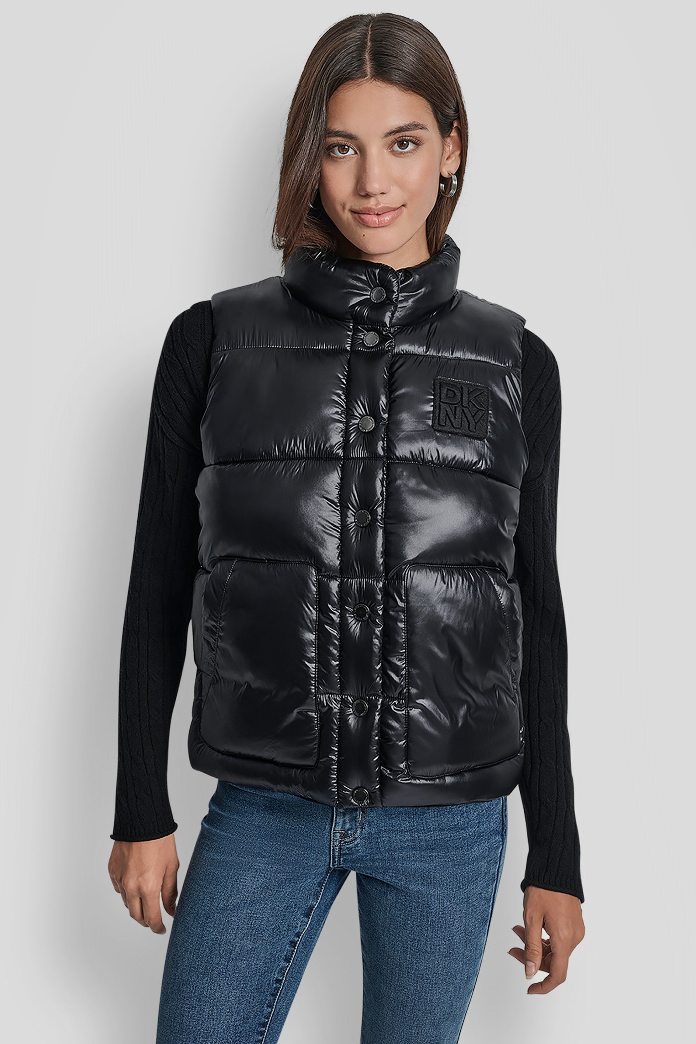 METALLIC BLACK QUILTED MOCK NECK LOGO PUFFER VEST, FRONT VIEW | WOMENS COATS & JACKETS