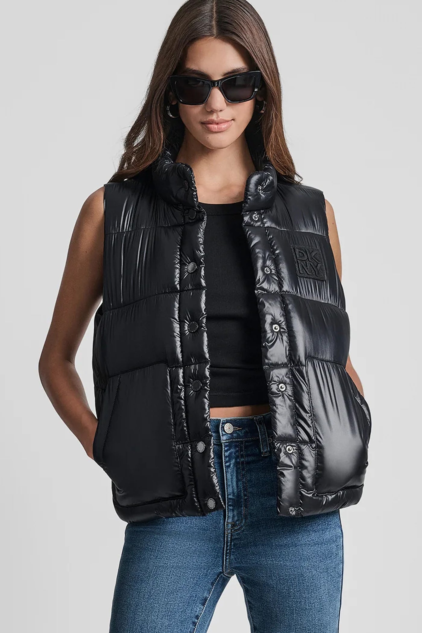METALLIC BLACK LOGO-EMBROIDERED PUFFER VEST, VIEW 1 | Back-To-School Shop