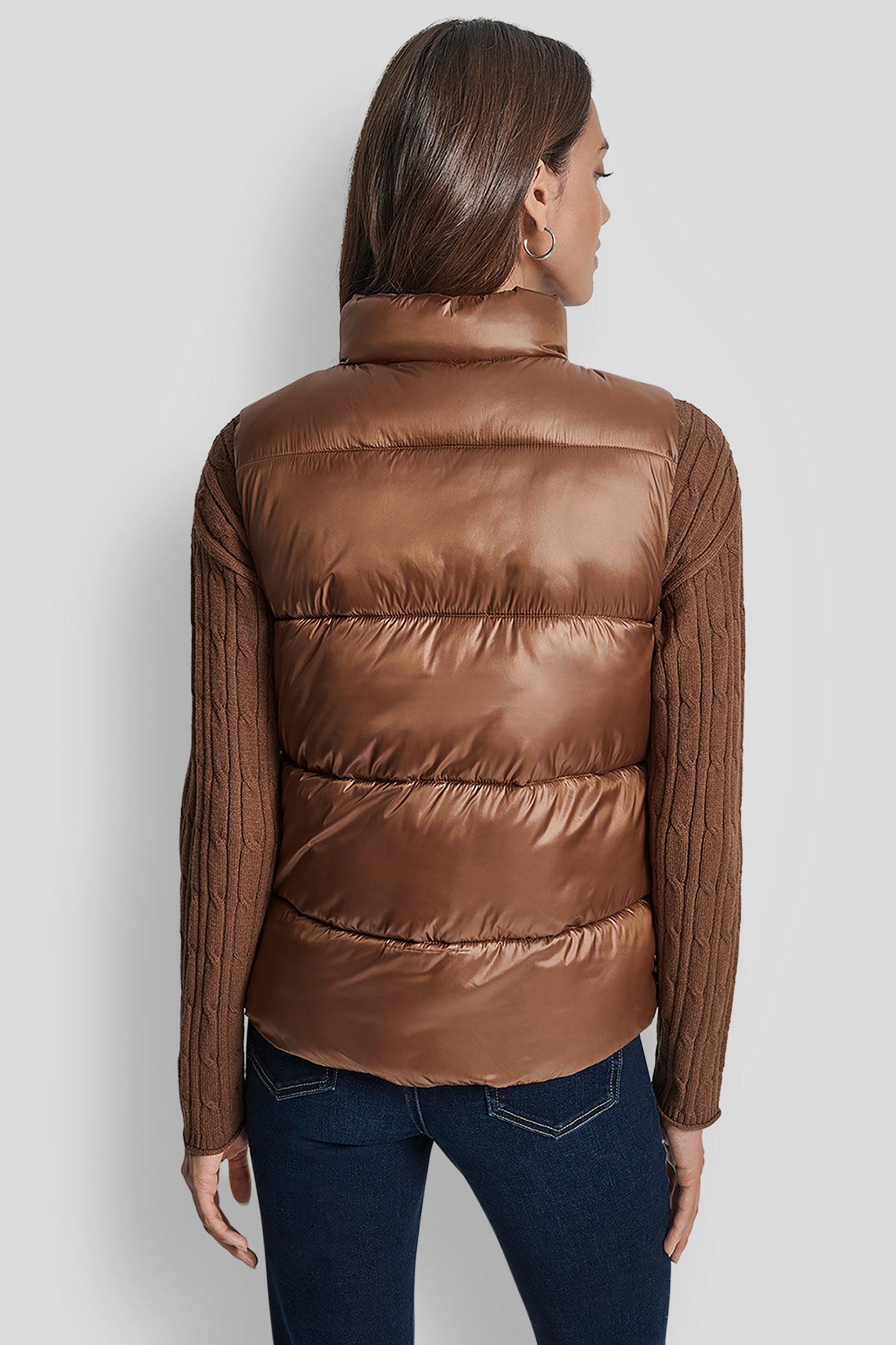Metallic Burnt Sugar QUILTED MOCK NECK LOGO PUFFER VEST, BACK VIEW | WOMENS COATS & JACKETS