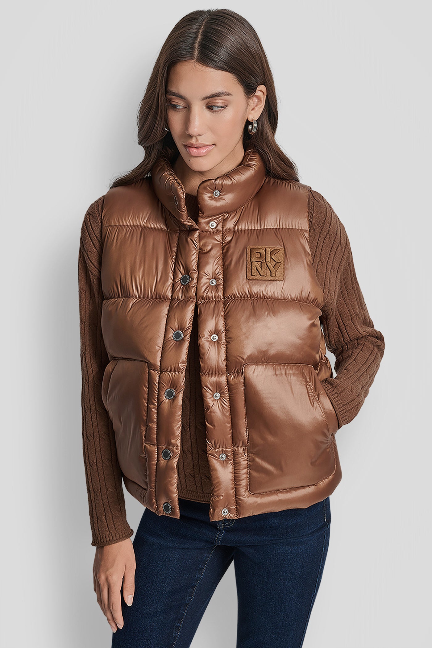 Metallic Burnt Sugar QUILTED MOCK NECK LOGO PUFFER VEST, FRONT VIEW | WOMENS COATS & JACKETS