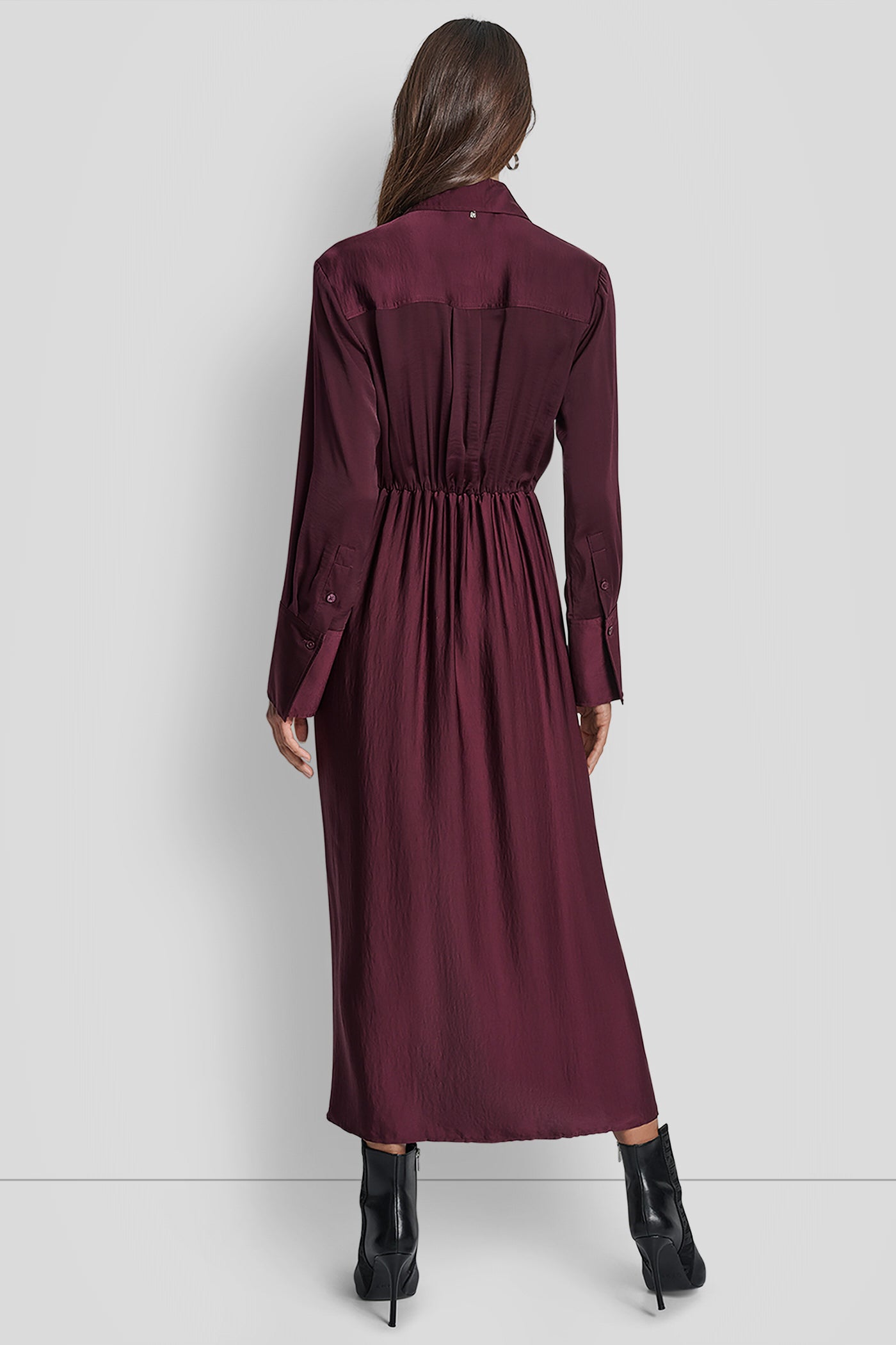 SYRAH LONG SLEEVE BUTTON FRONT SHIRT DRESS WITH TIE WAIST, BACK VIEW | New Arrivals