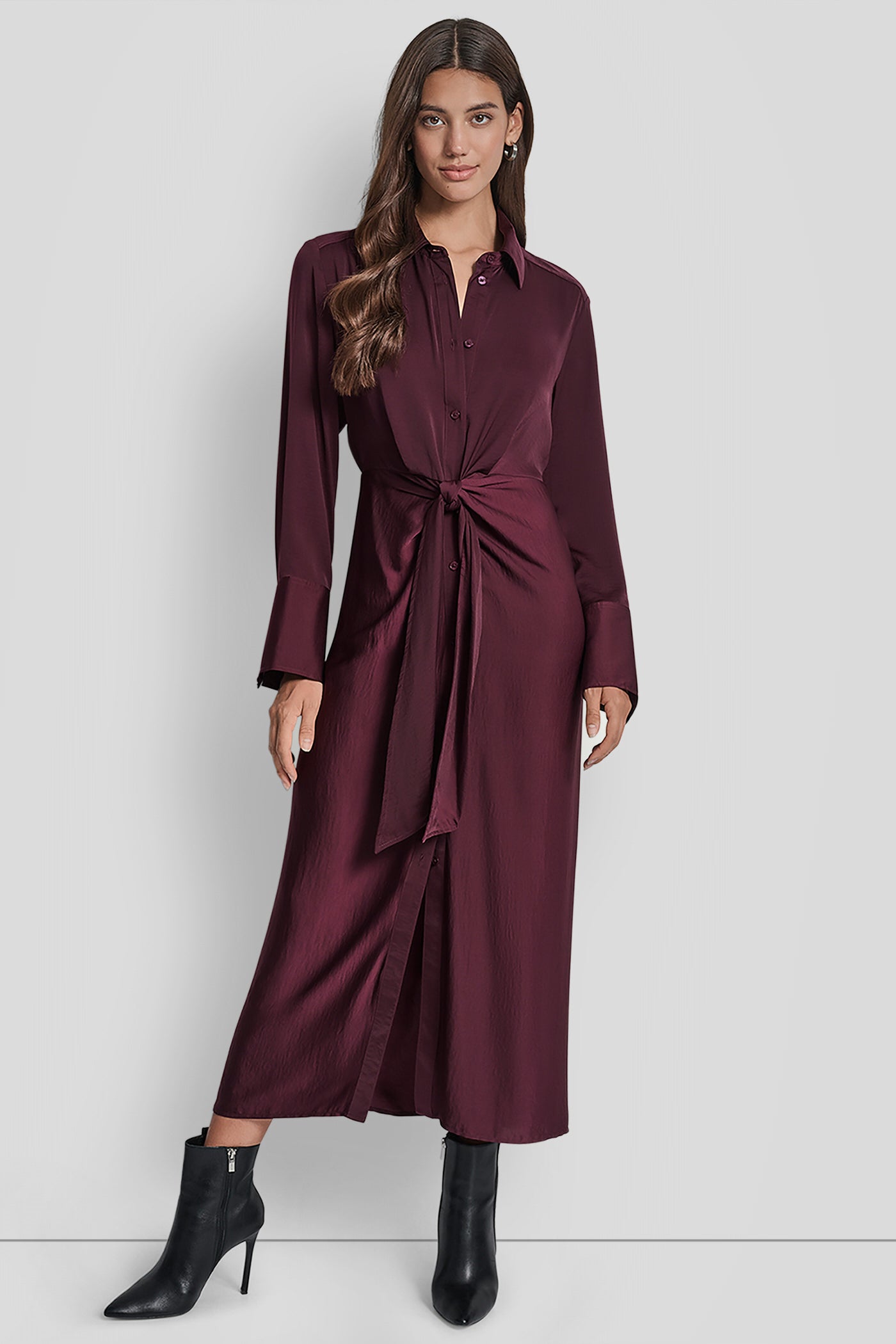 SYRAH LONG SLEEVE BUTTON FRONT SHIRT DRESS WITH TIE WAIST, FRONT VIEW | New Arrivals