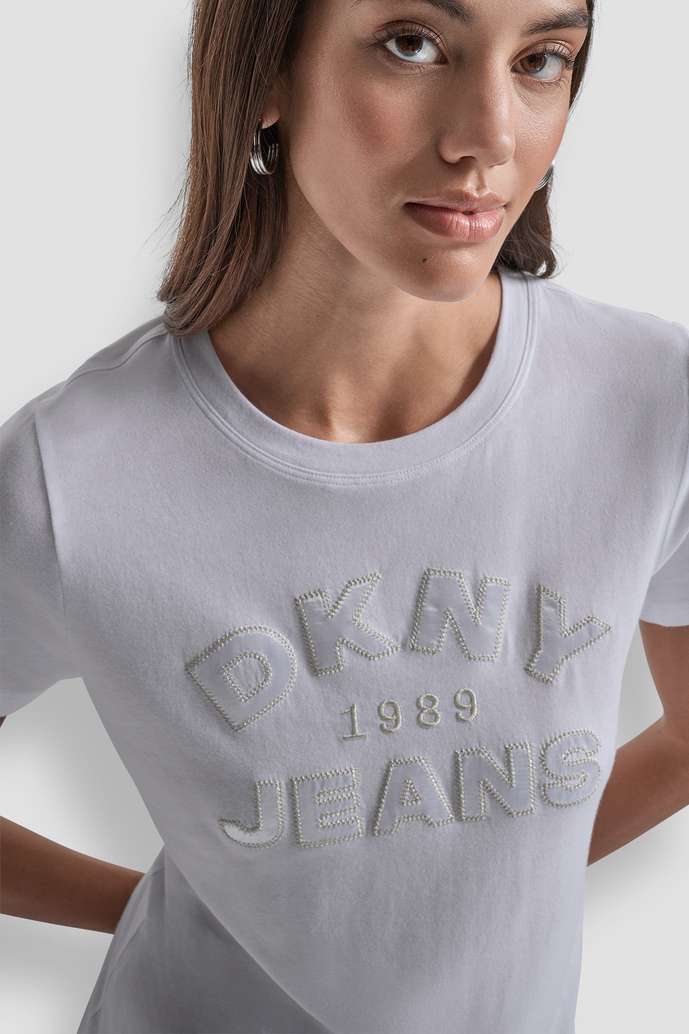 DKNY JEANS SATIN APPLIQUE CHAINSTITCH LOGO CREW NECK TEE VIEW 4 | Tees & Tanks
