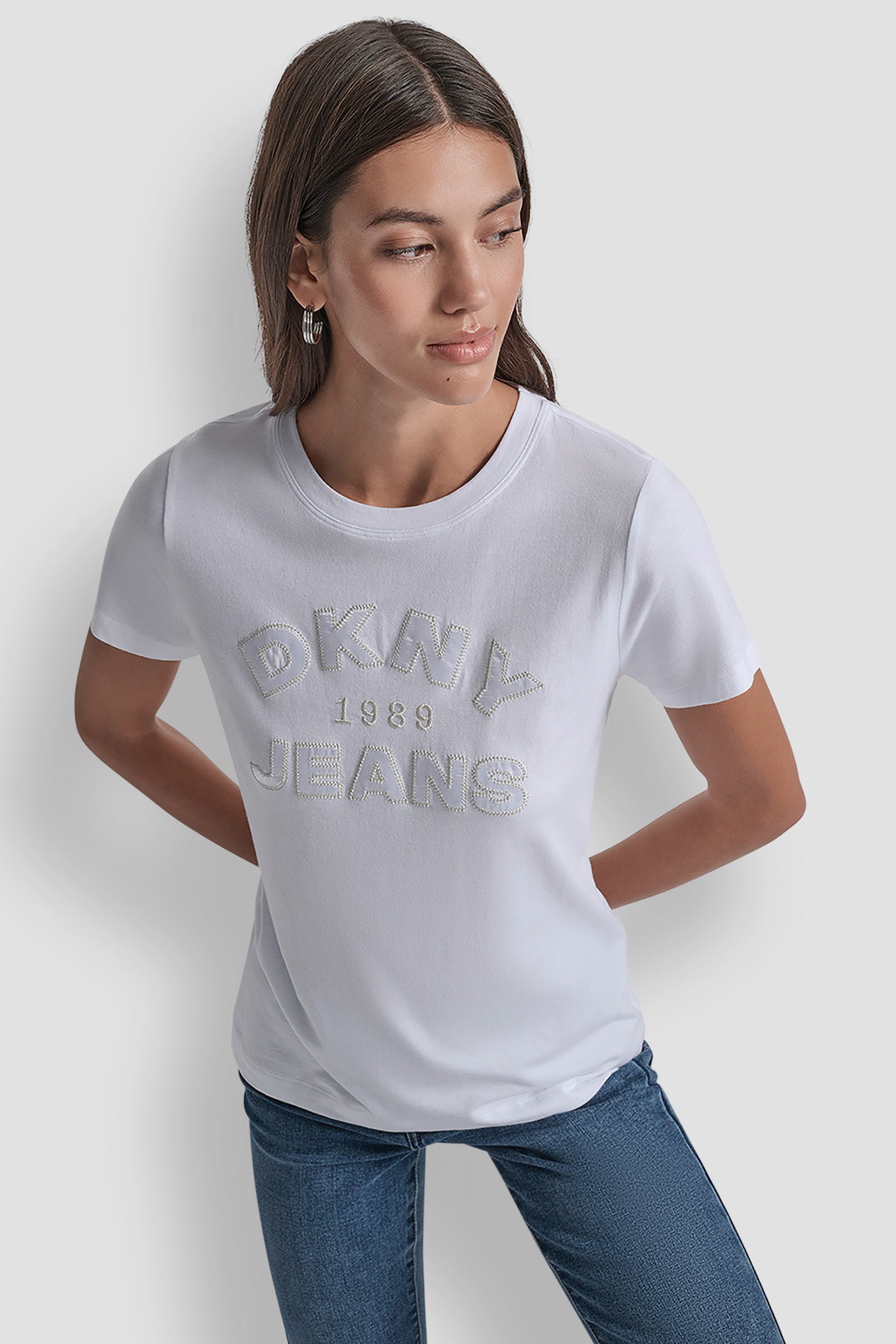 White DKNY JEANS SATIN APPLIQUE CHAINSTITCH LOGO CREW NECK TEE, VIEW 1 | Tees & Tanks