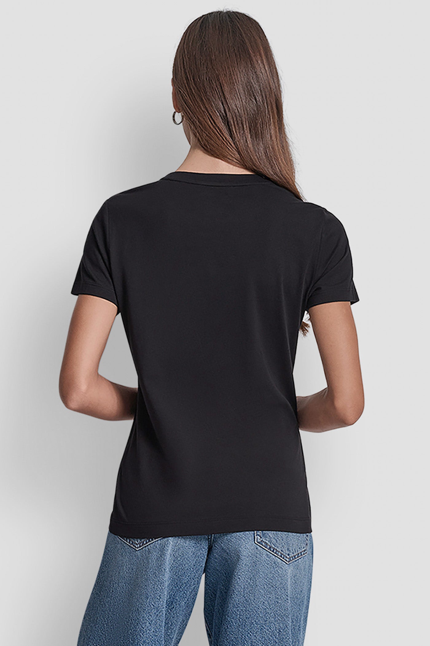 Black DKNY JEANS SATIN APPLIQUE CHAINSTITCH LOGO CREW NECK TEE, BACK VIEW | Tees & Tanks