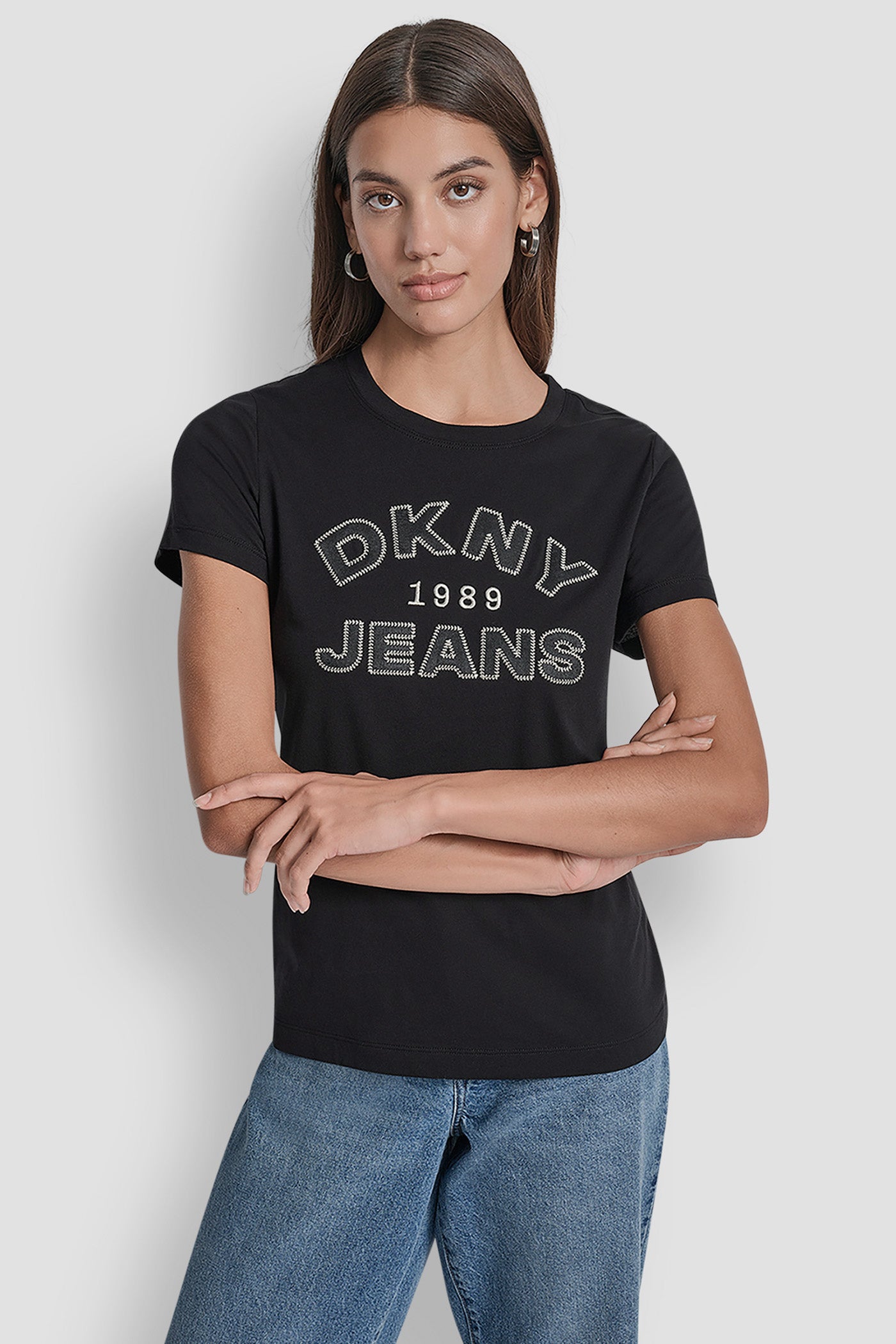 Black DKNY JEANS SATIN APPLIQUE CHAINSTITCH LOGO CREW NECK TEE, FRONT VIEW | Tees & Tanks