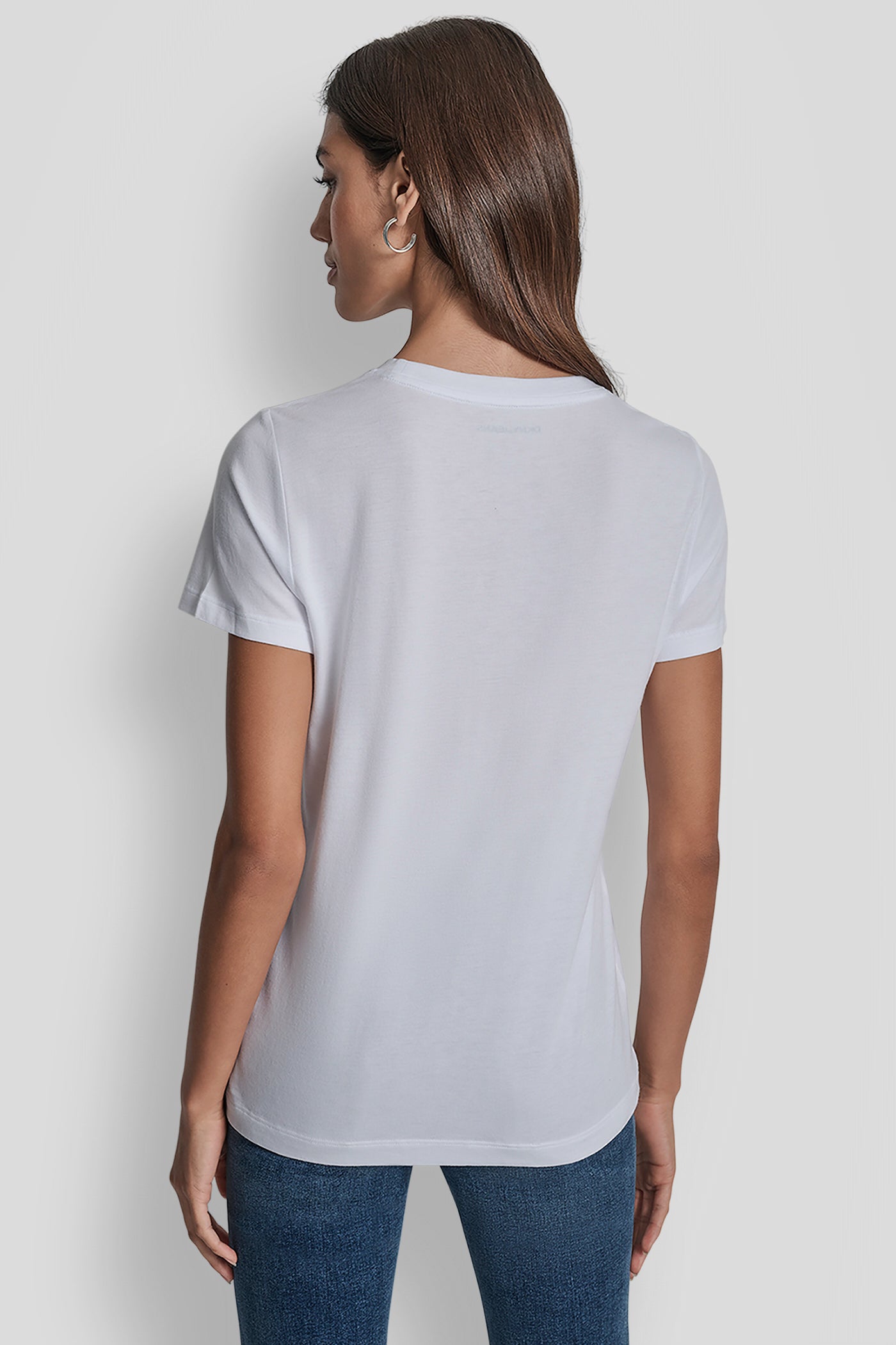 WHITE/BLACK/SILVER NYC DKNY PHOTOREAL RHINESTONE FOIL LOGO CREW NECK, BACK VIEW | Tees & Tanks