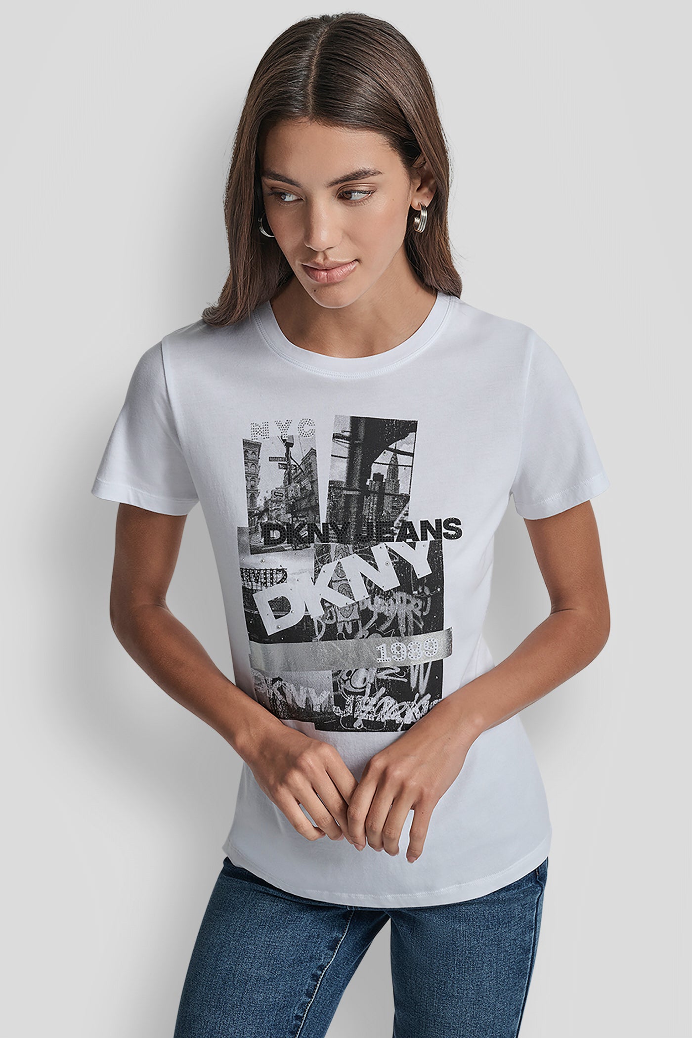 WHITE/BLACK/SILVER NYC DKNY PHOTOREAL RHINESTONE FOIL LOGO CREW NECK, FRONT VIEW | Tees & Tanks