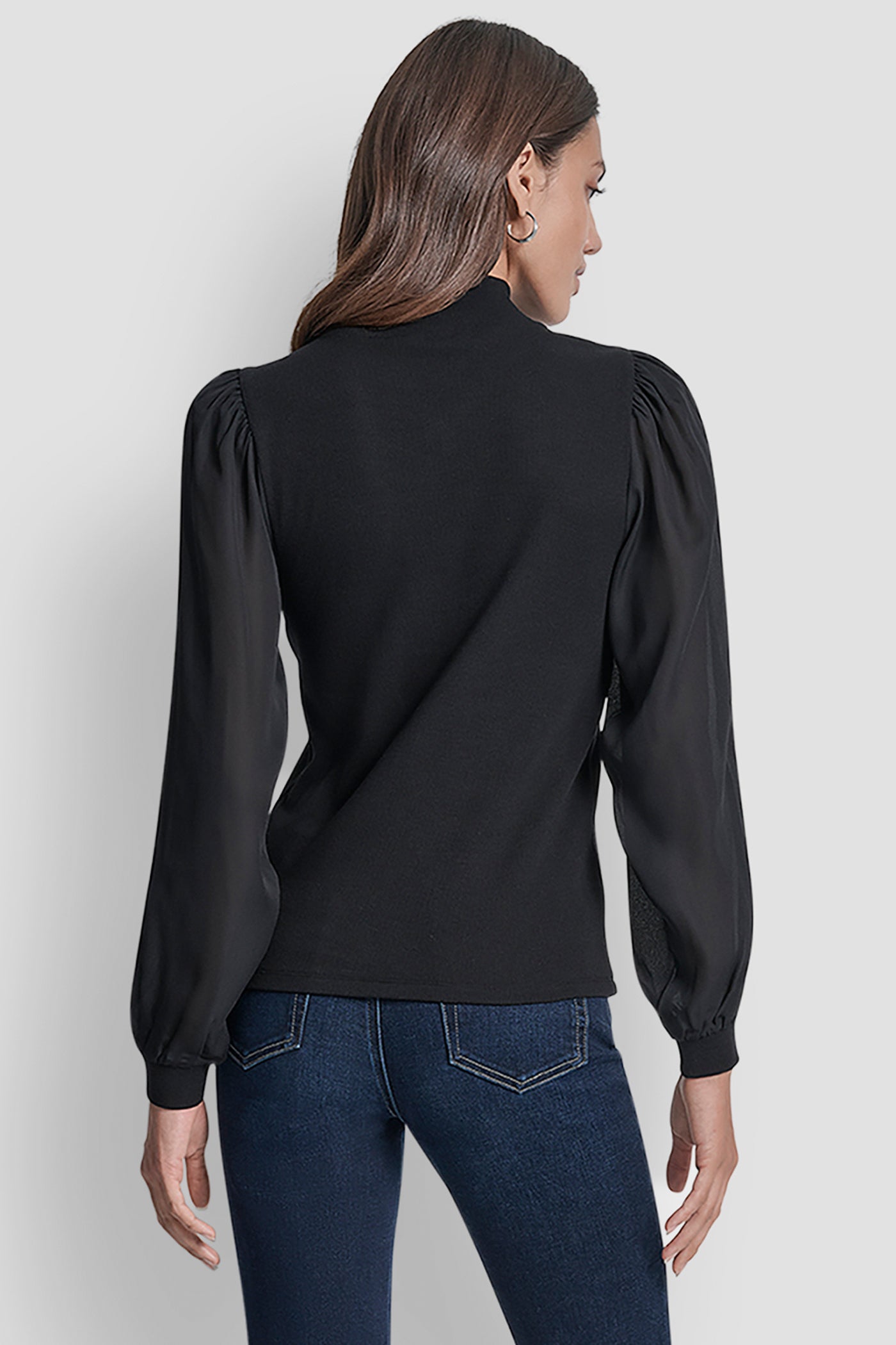 Black PUFF SLEEVE MIXED MEDIA TOP, BACK VIEW | New clothing