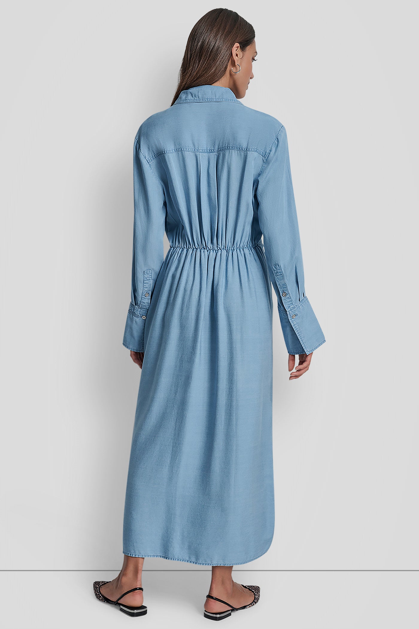 CHAMBRAY GARMENT DYE LONG SLEEVE BUTTON FRONT SHIRTDRESS, BACK VIEW | Dresses & Jumpsuits