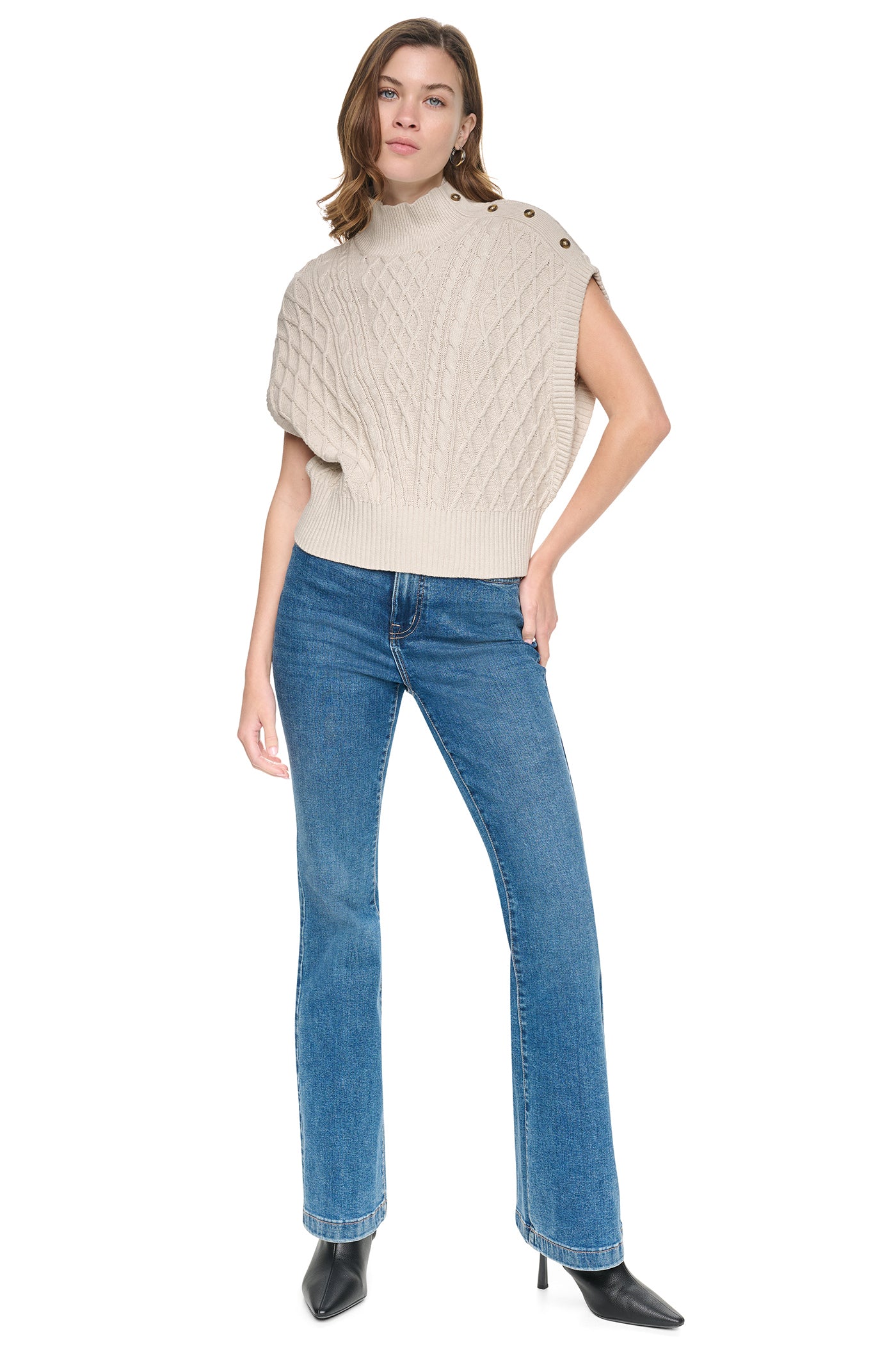 Button Shoulder Cable Sweater Vest | DKNY