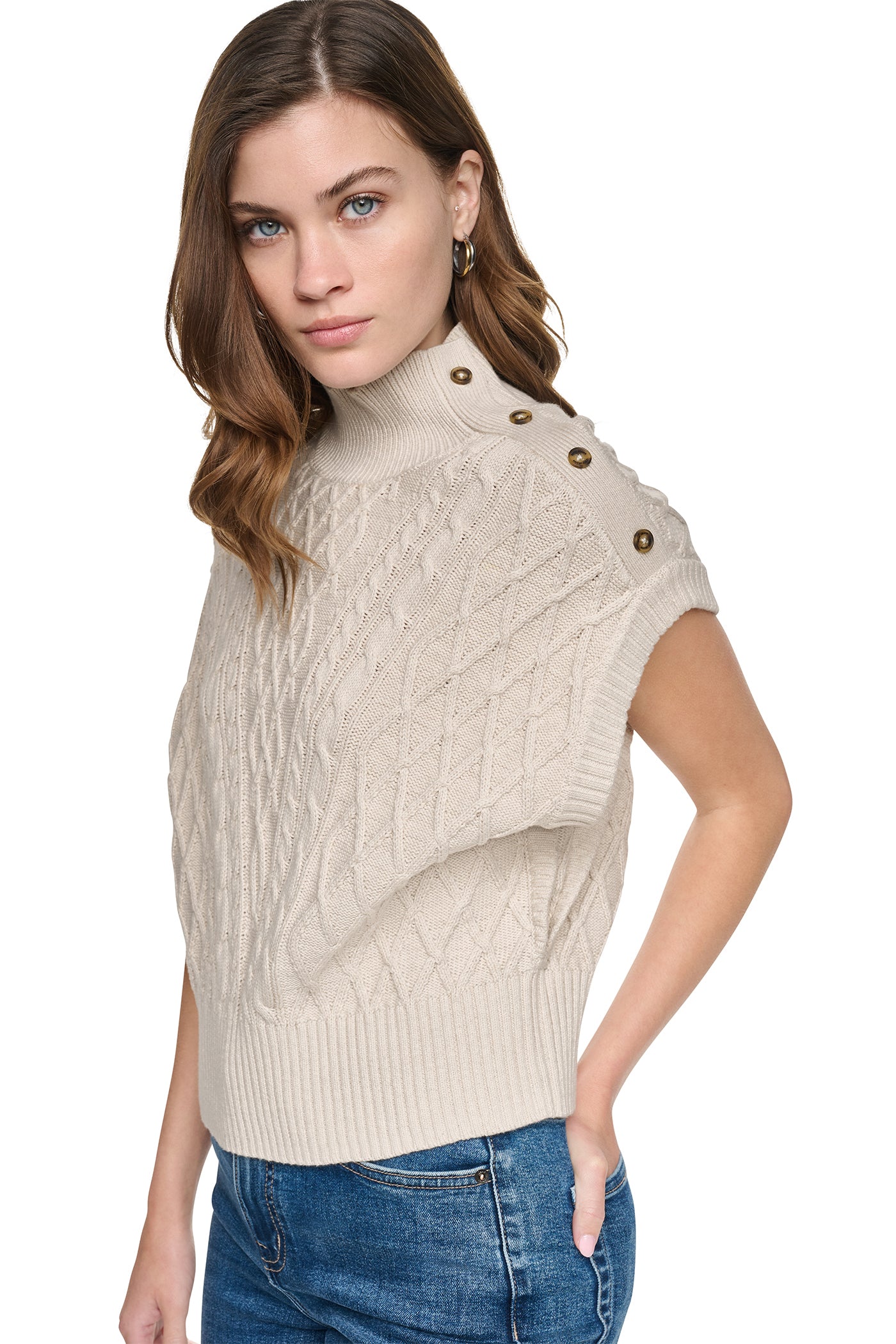 BUTTON SHOULDER CABLE SWEATER VEST VIEW 4