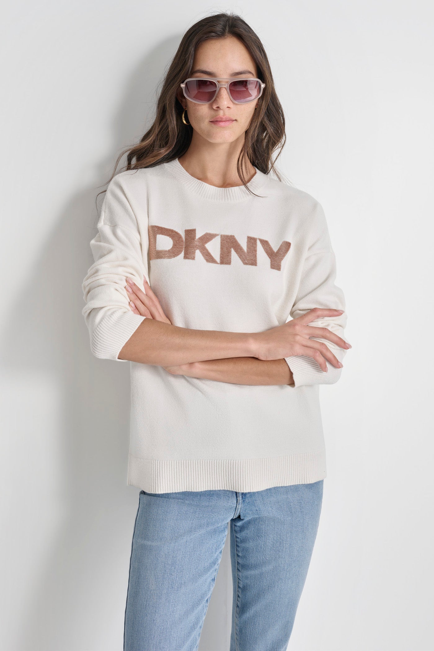 Beige SEQUIN LOGO EMBELLISHED SWEATER, VIEW 1 | Not Clearance or Preorder