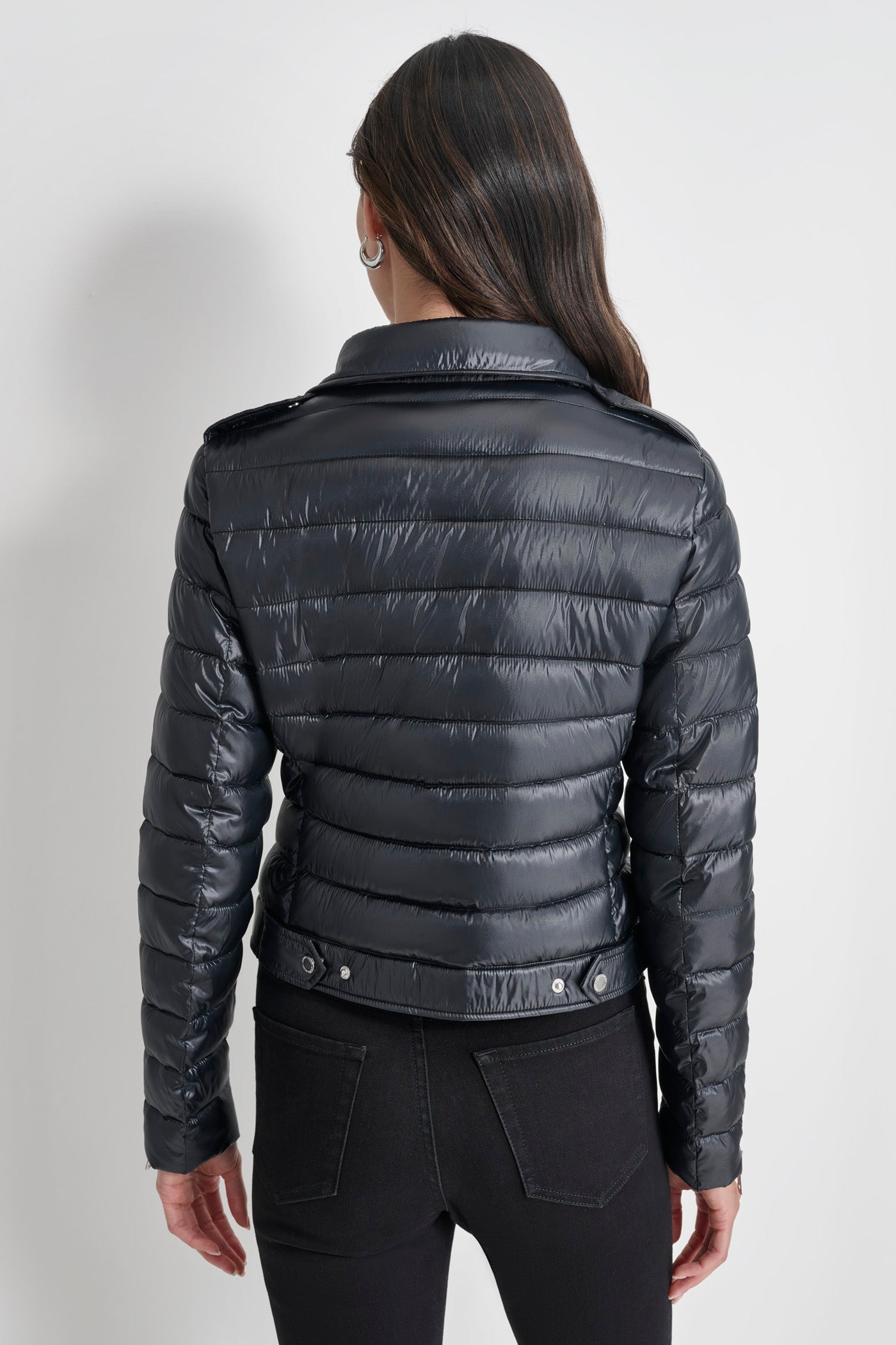 METALLIC BLACK MOTO STYLE PUFFER JACKET, BACK VIEW | All Products