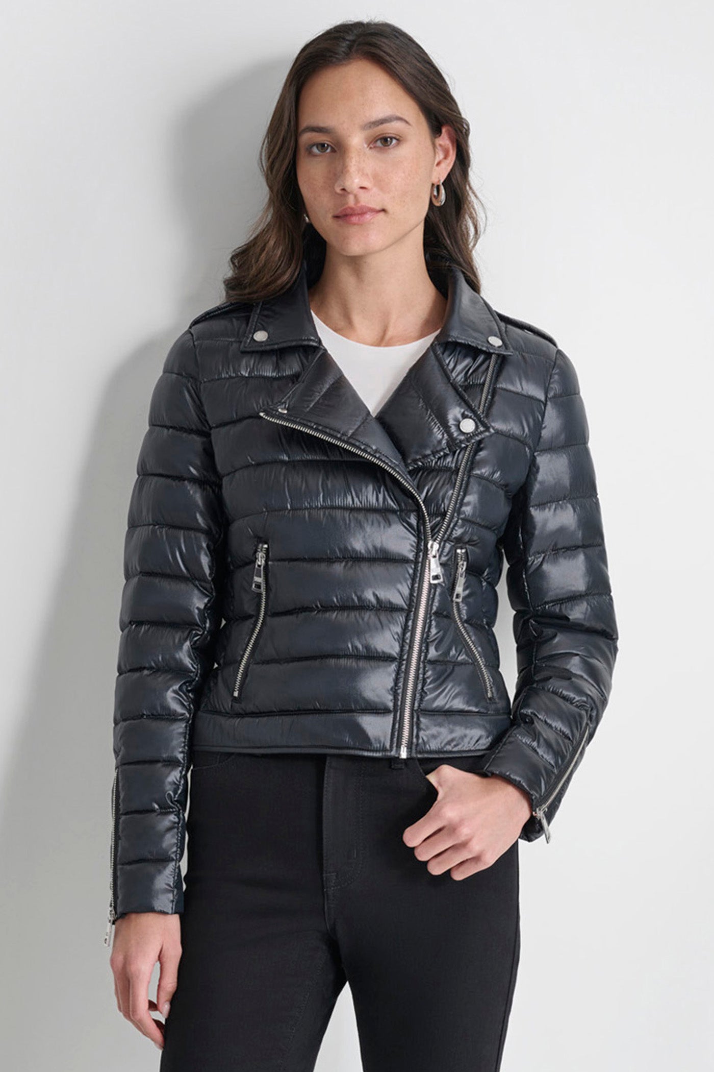 METALLIC BLACK MOTO STYLE PUFFER JACKET, FRONT VIEW | All Products