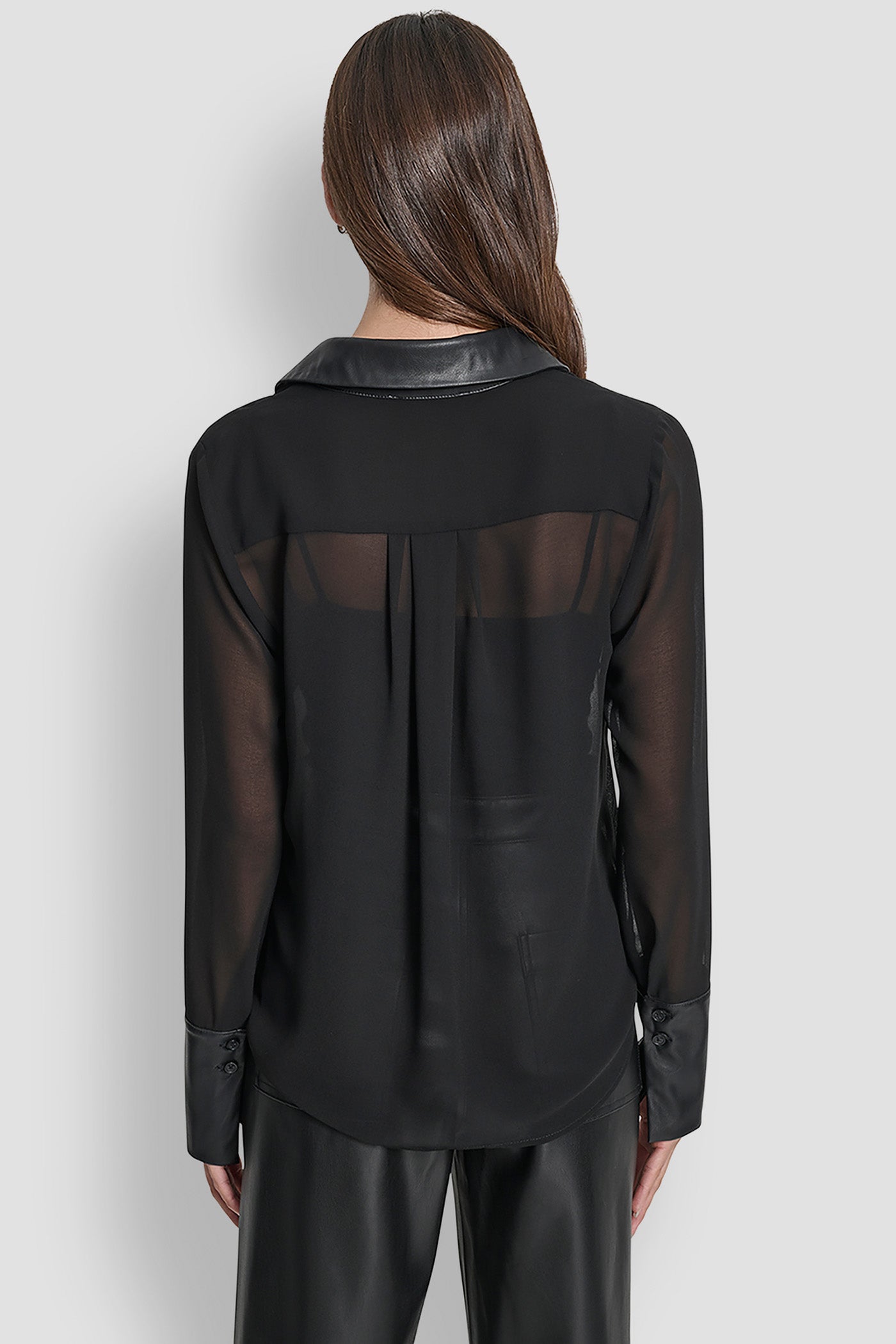 Black FAUX LEATHER PANELED SEMI-SHEER SHIRT, BACK VIEW | Back-To-School Shop