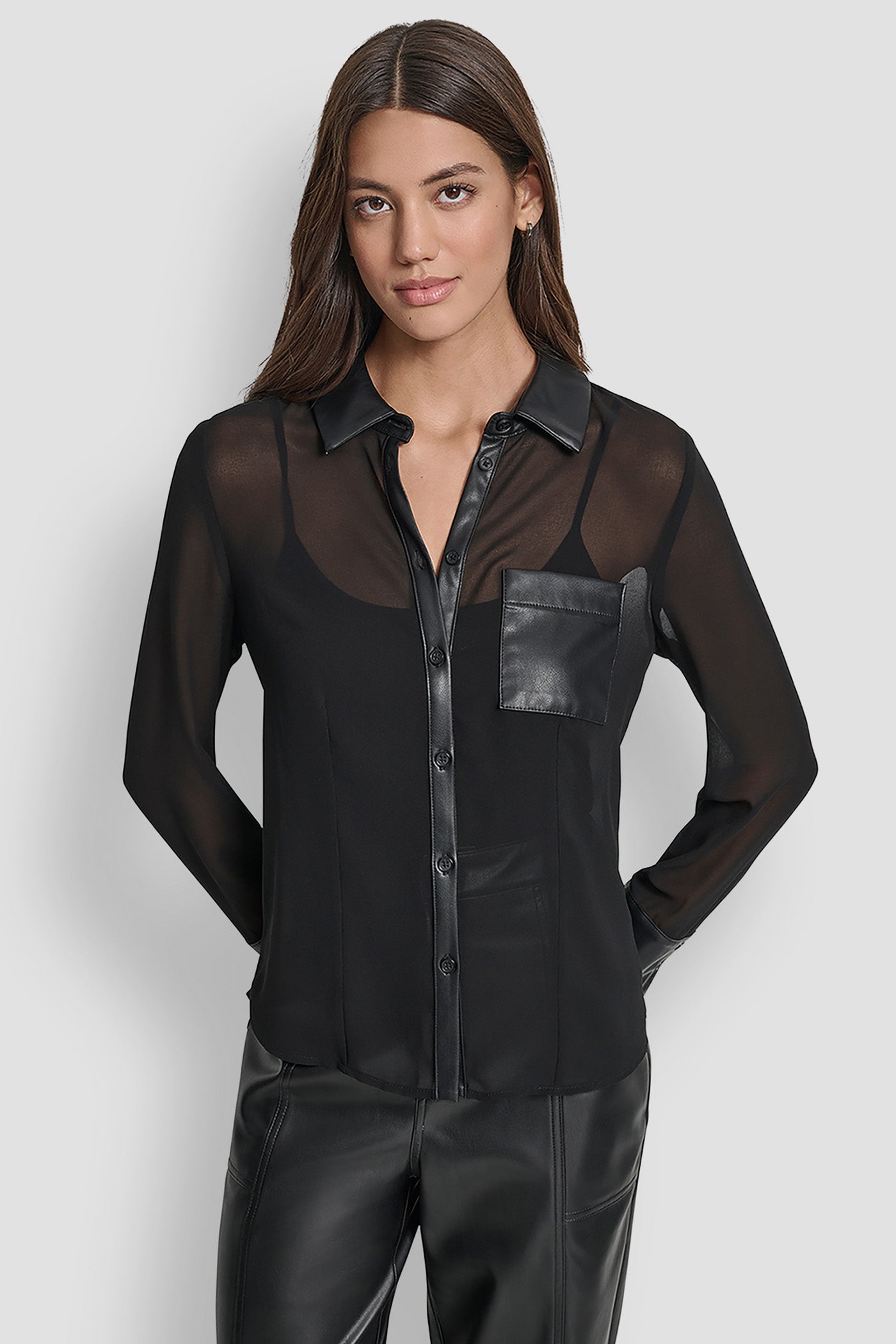 Black FAUX LEATHER PANELED SEMI-SHEER SHIRT, FRONT VIEW | Back-To-School Shop
