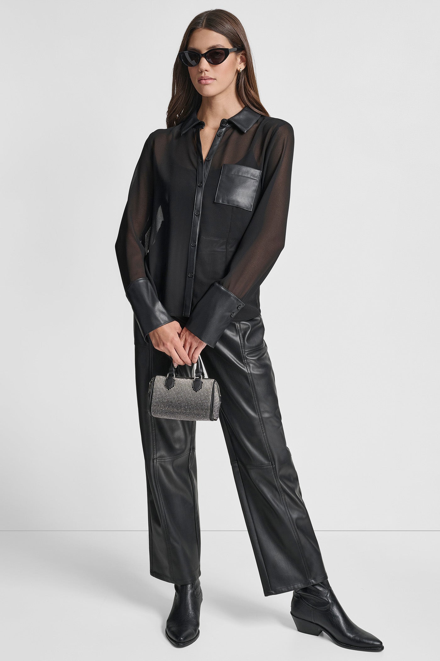 FAUX LEATHER PANELED SEMI-SHEER SHIRT VIEW 5 | All Products