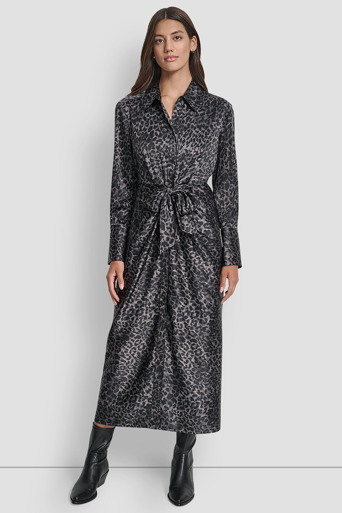 DISGUISE BLACK LONG SLEEVE BUTTON FRONT SHIRT DRESS WITH TIE WAIST, FRONT VIEW | New Arrivals
