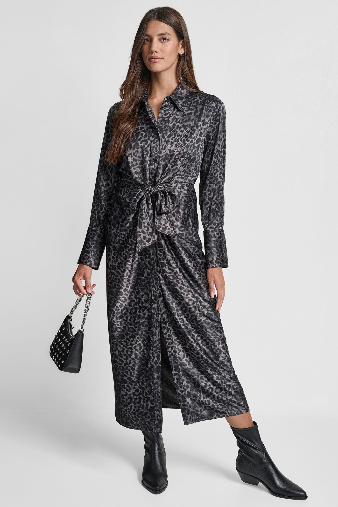 LONG SLEEVE BUTTON FRONT SHIRT DRESS WITH TIE WAIST VIEW 8 | New Arrivals