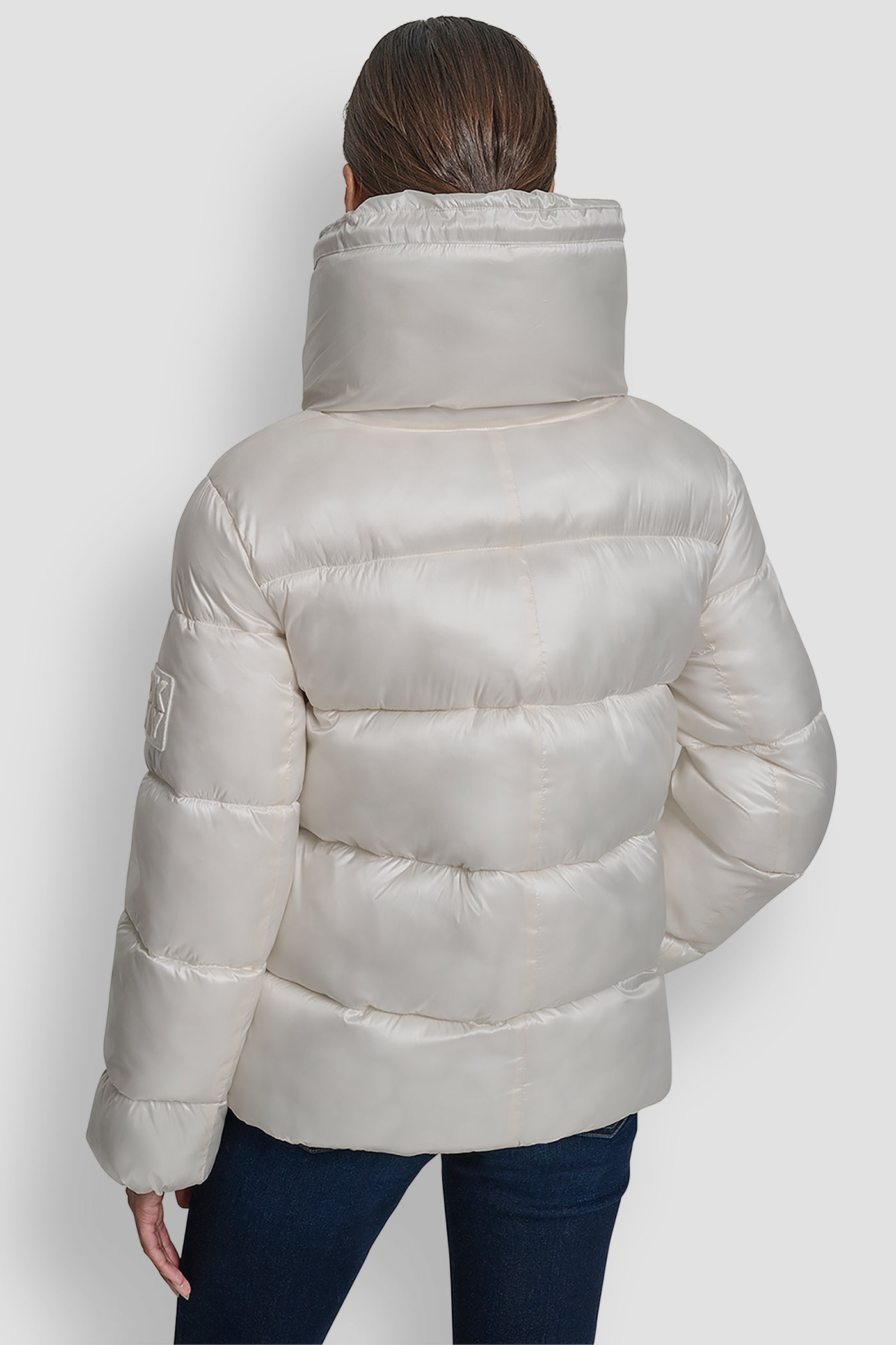 METALLIC EGGNOG LIGHT WEIGHT QUILTED PUFFER WITH DRAMA COLLAR, BACK VIEW | Cold Weather Coats