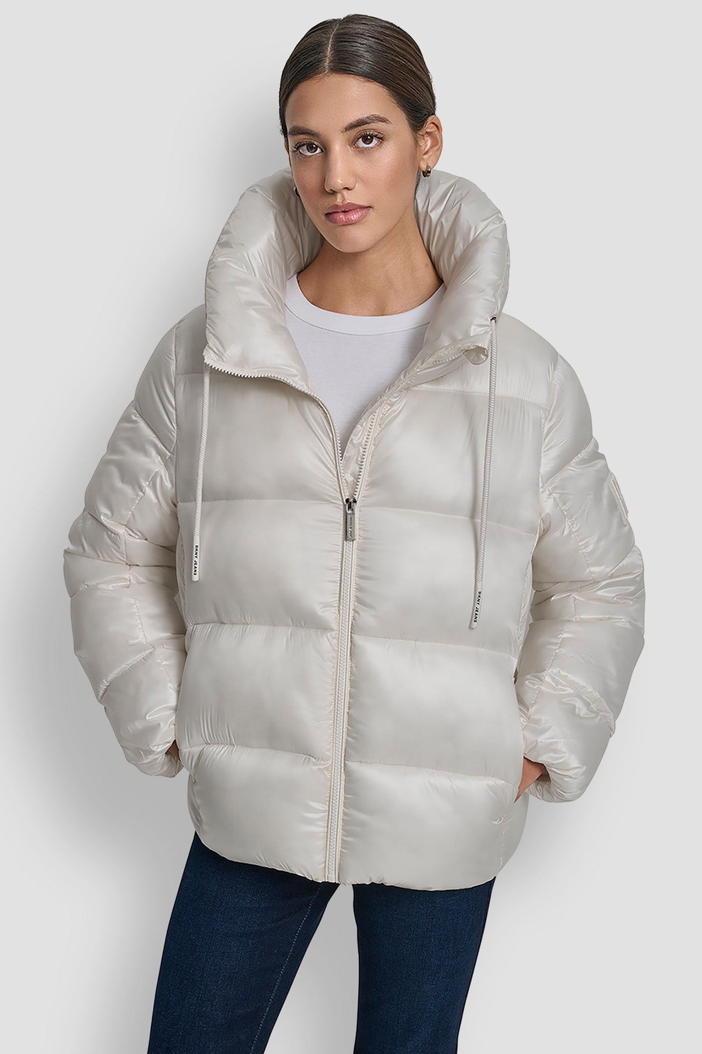 METALLIC EGGNOG LIGHT WEIGHT QUILTED PUFFER WITH DRAMA COLLAR, FRONT VIEW | Cold Weather Coats