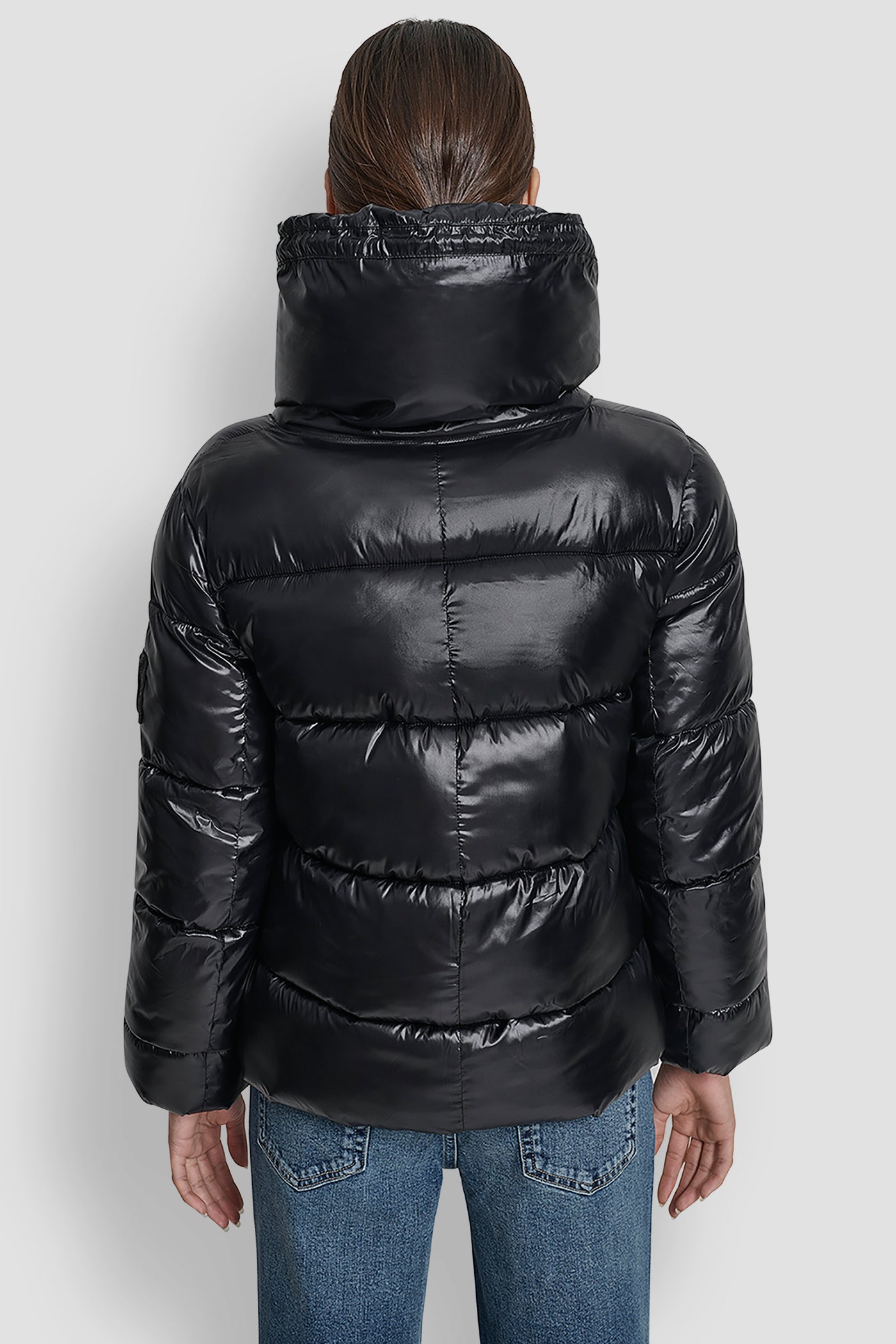 METALLIC BLACK LIGHT WEIGHT QUILTED PUFFER WITH DRAMA COLLAR, BACK VIEW | Cold Weather Coats