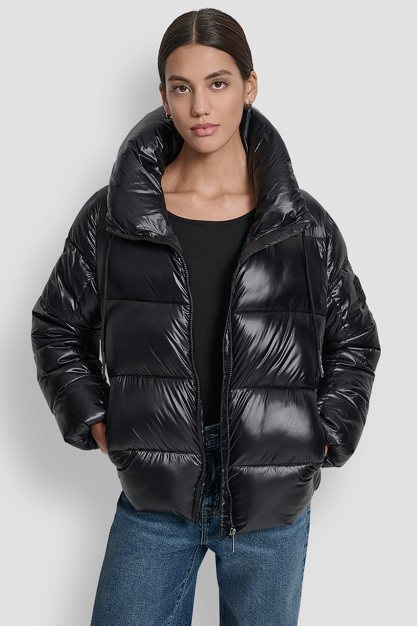 METALLIC BLACK LIGHT WEIGHT QUILTED PUFFER WITH DRAMA COLLAR, FRONT VIEW | Cold Weather Coats