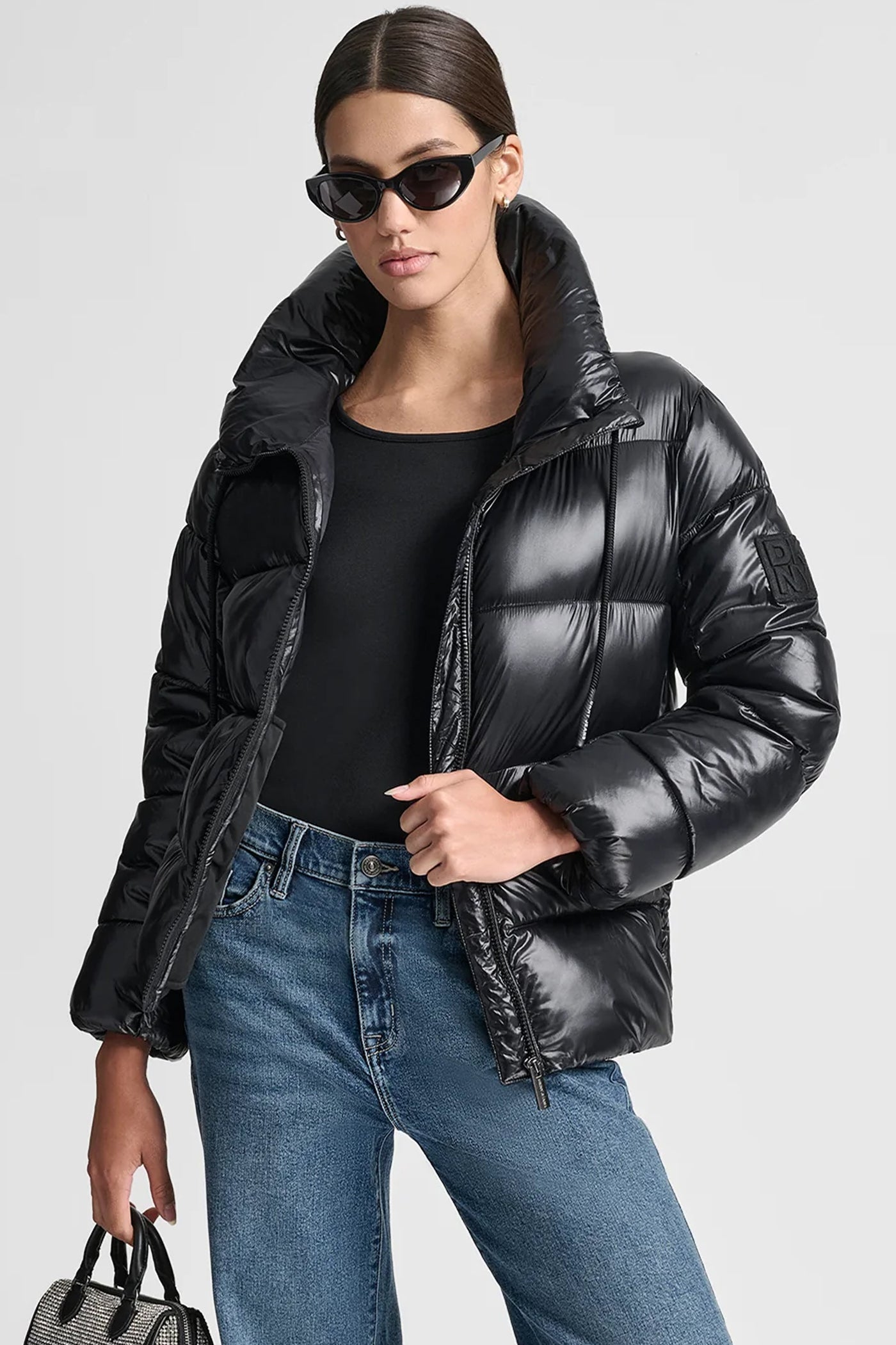 METALLIC BLACK FUNNEL-NECK LIGHTWEIGHT PUFFER JACKET, VIEW 1 | Back-To-School Shop