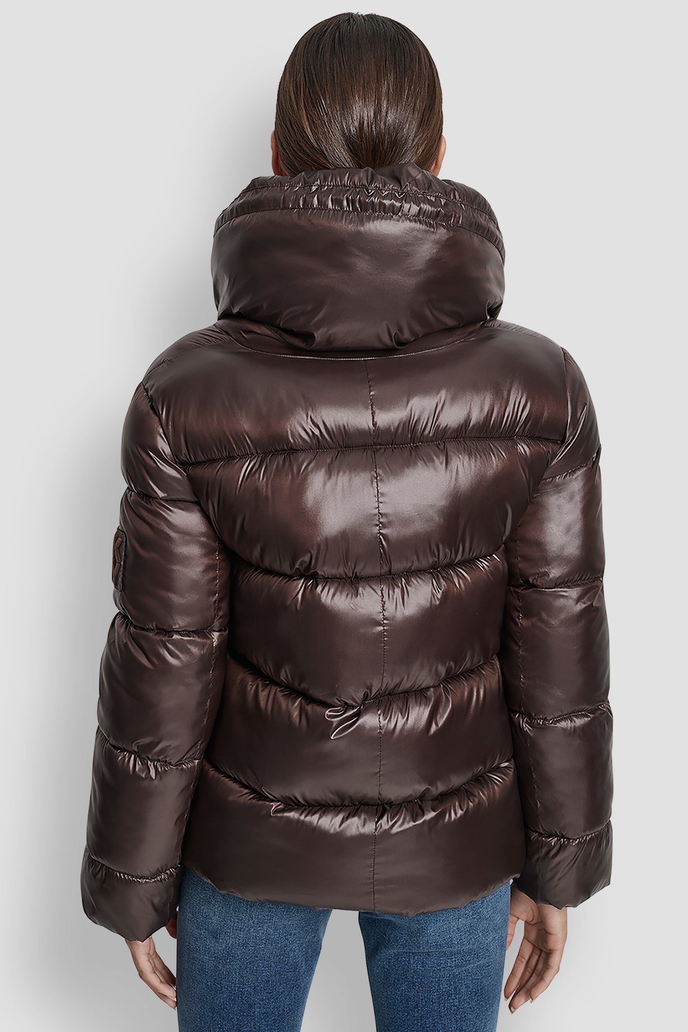 METALLIC ESPRESSO LIGHT WEIGHT QUILTED PUFFER WITH DRAMA COLLAR, BACK VIEW | Cold Weather Coats