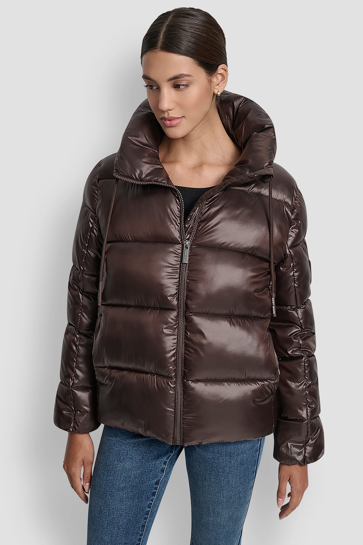 METALLIC ESPRESSO LIGHT WEIGHT QUILTED PUFFER WITH DRAMA COLLAR, FRONT VIEW | Cold Weather Coats