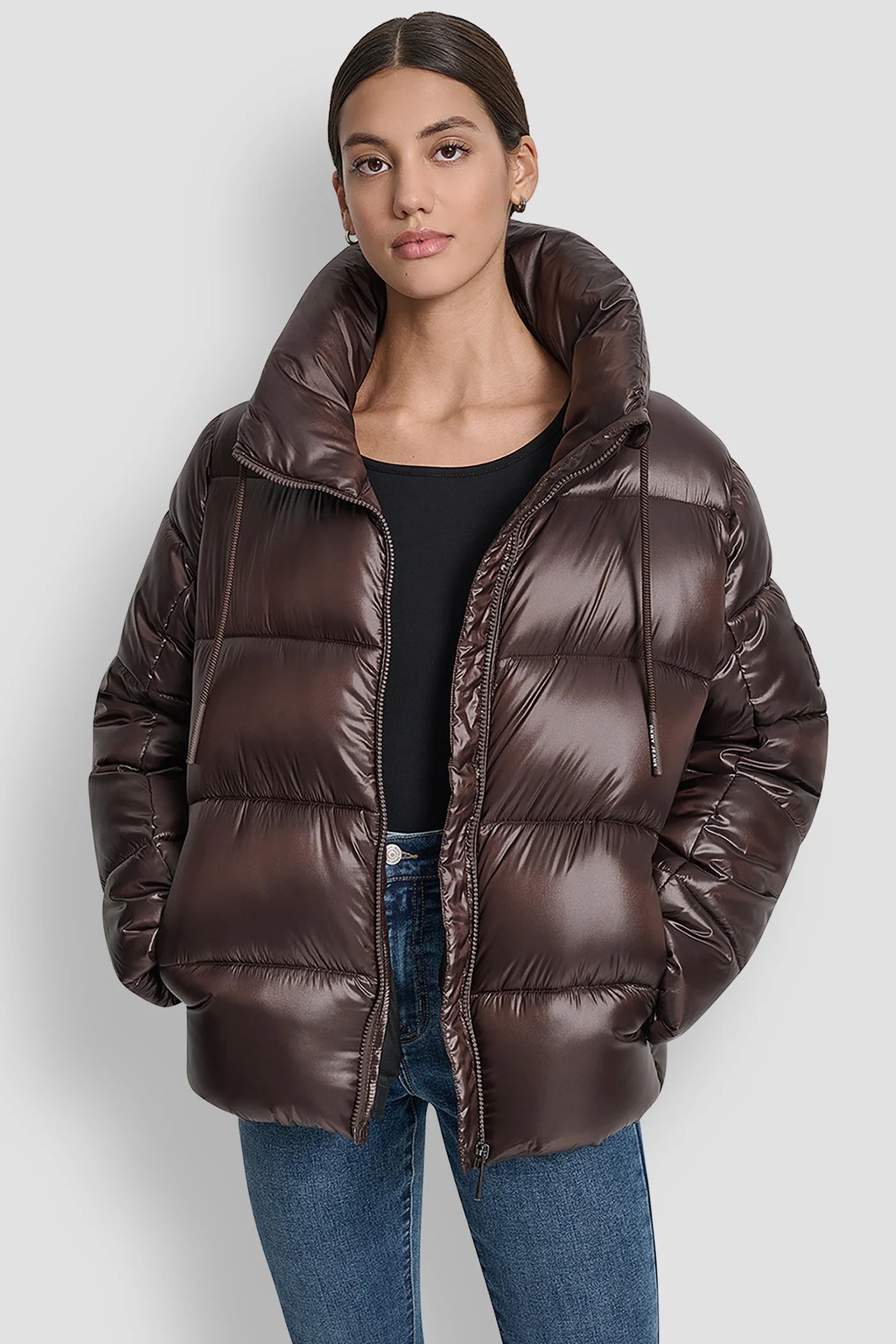METALLIC ESPRESSO FUNNEL-NECK LIGHTWEIGHT PUFFER JACKET, VIEW 1 | Back-To-School Shop