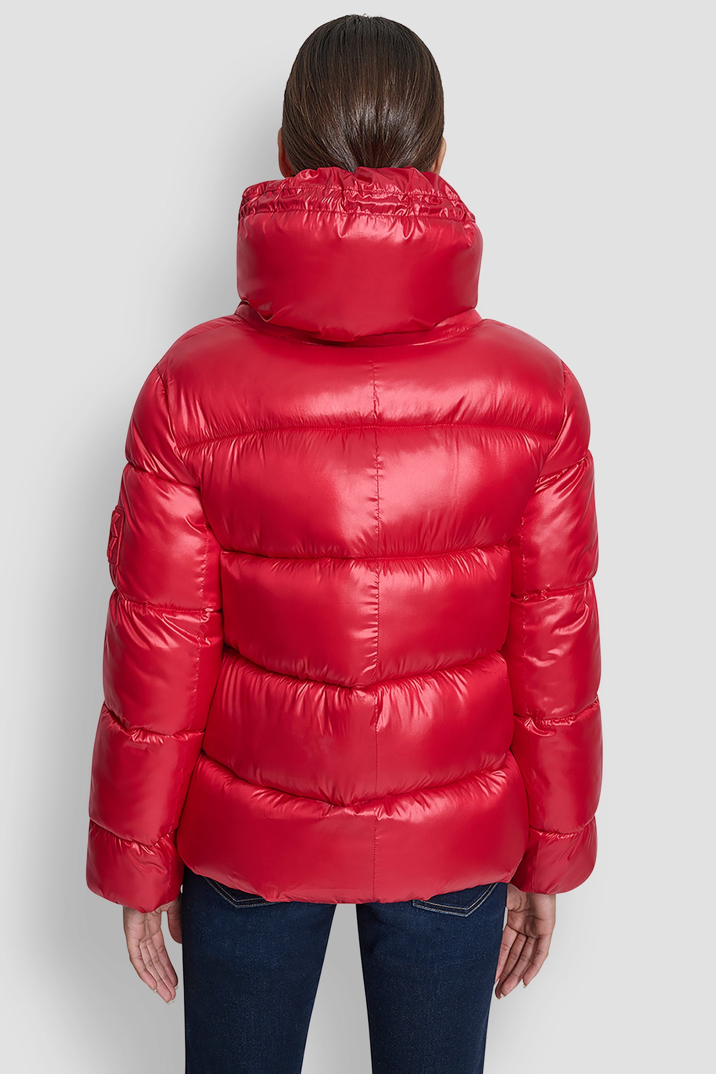 Metallic Crimson LIGHT WEIGHT QUILTED PUFFER WITH DRAMA COLLAR, BACK VIEW | Cold Weather Coats