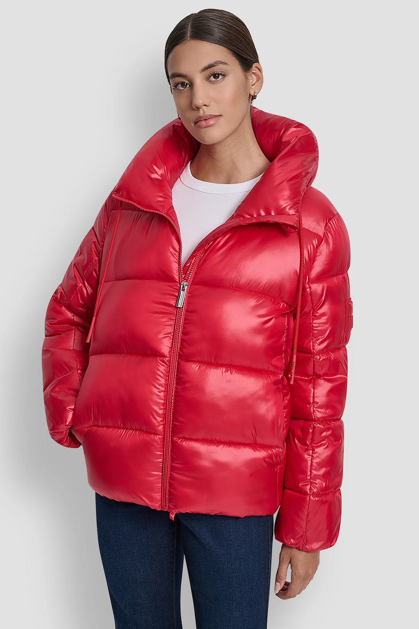 Metallic Crimson LIGHT WEIGHT QUILTED PUFFER WITH DRAMA COLLAR, FRONT VIEW | Cold Weather Coats