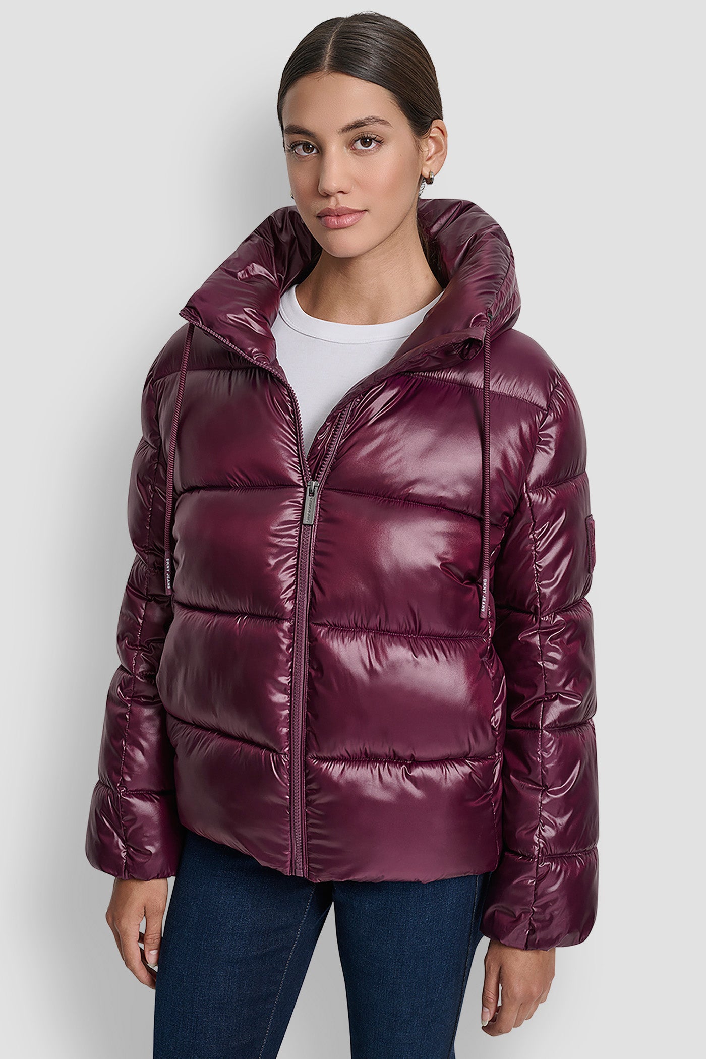 METALLIC SYRAH LIGHT WEIGHT QUILTED PUFFER WITH DRAMA COLLAR, VIEW 1 | Cold Weather Coats