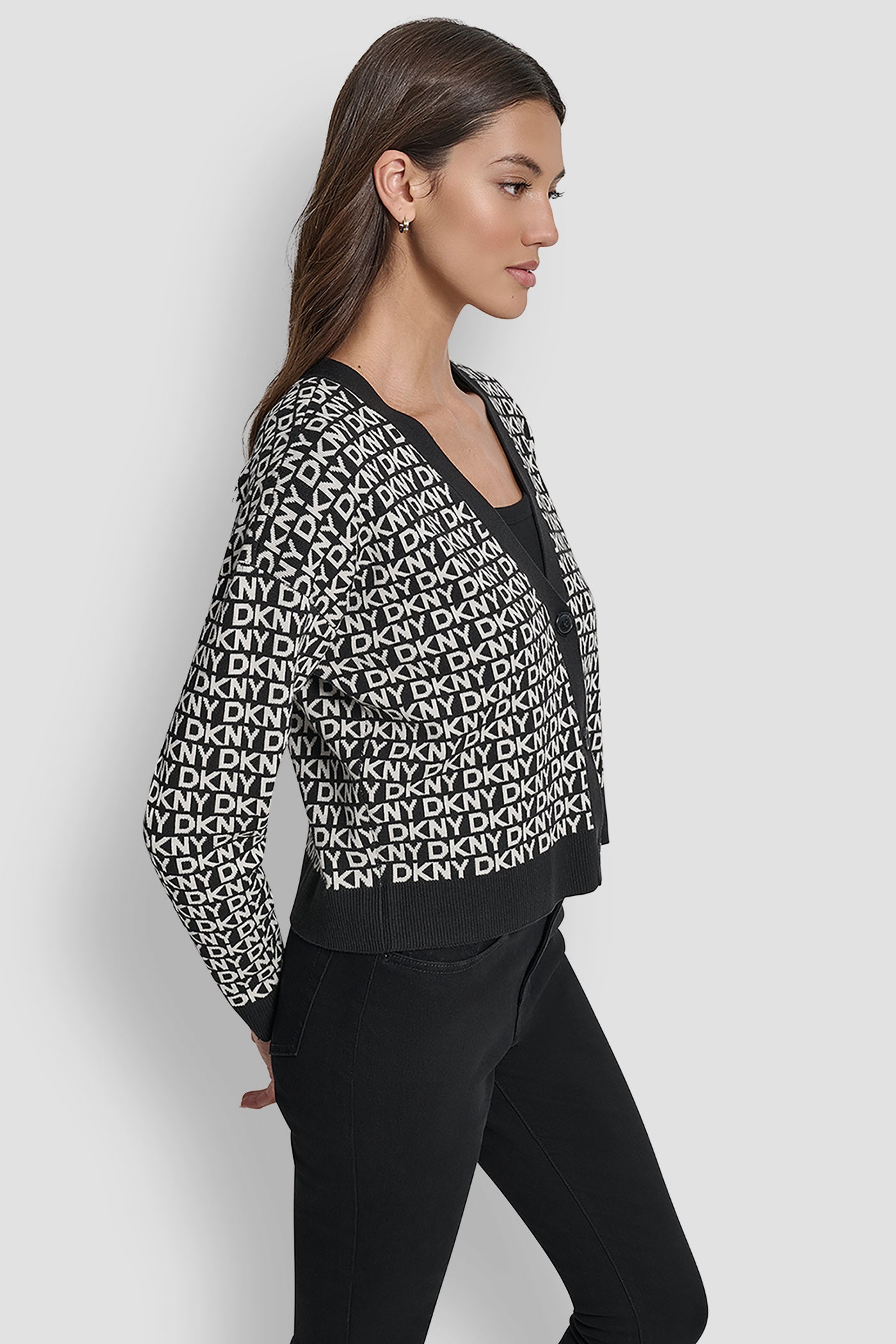 BLACK/EGGNOG LOGO JACQUARD LONG SLEEVE V-NECK CARDIGAN, VIEW 2 | New Arrivals