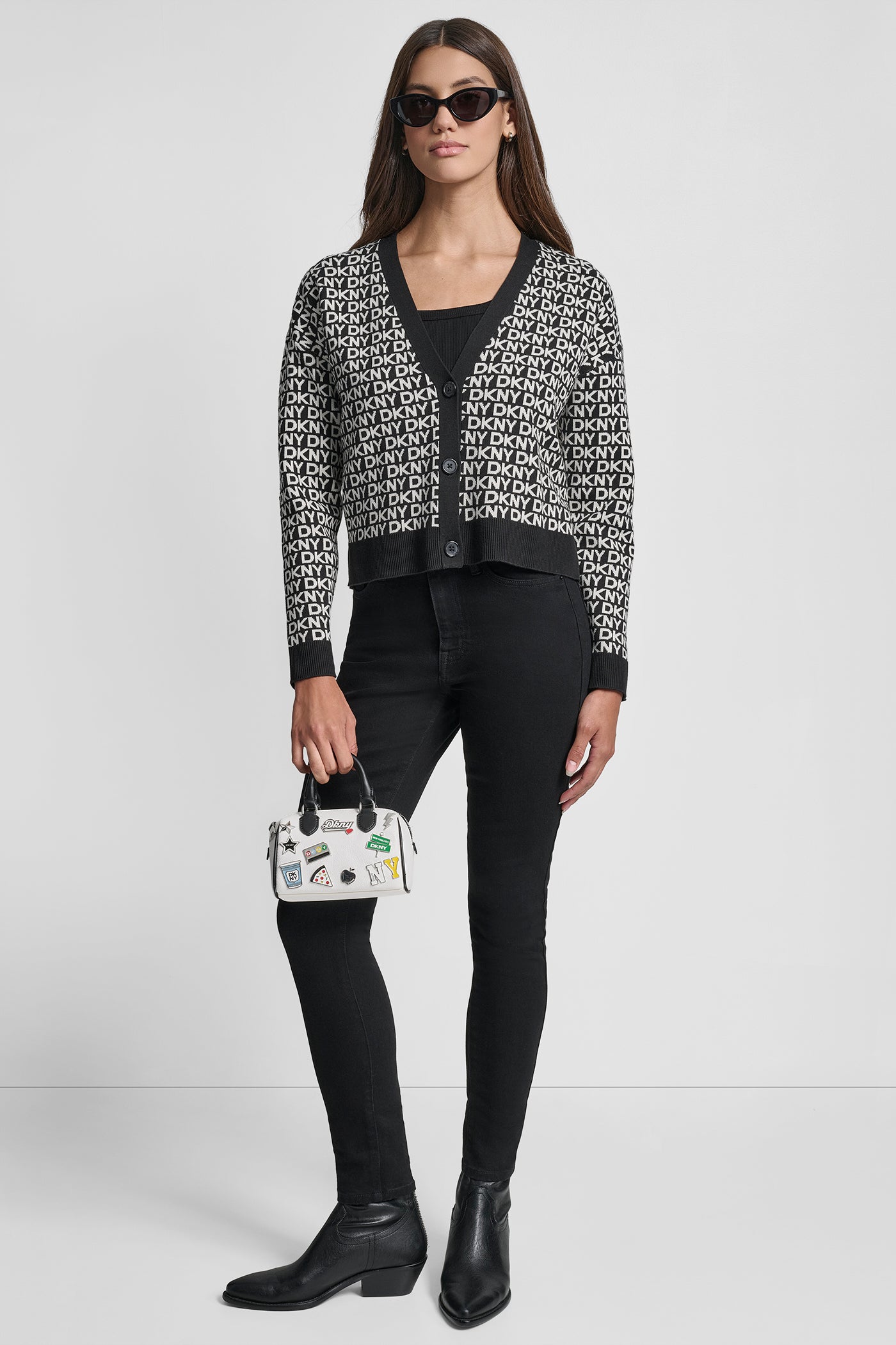 BLACK/EGGNOG LOGO JACQUARD LONG SLEEVE V-NECK CARDIGAN, VIEW 1 | New Arrivals