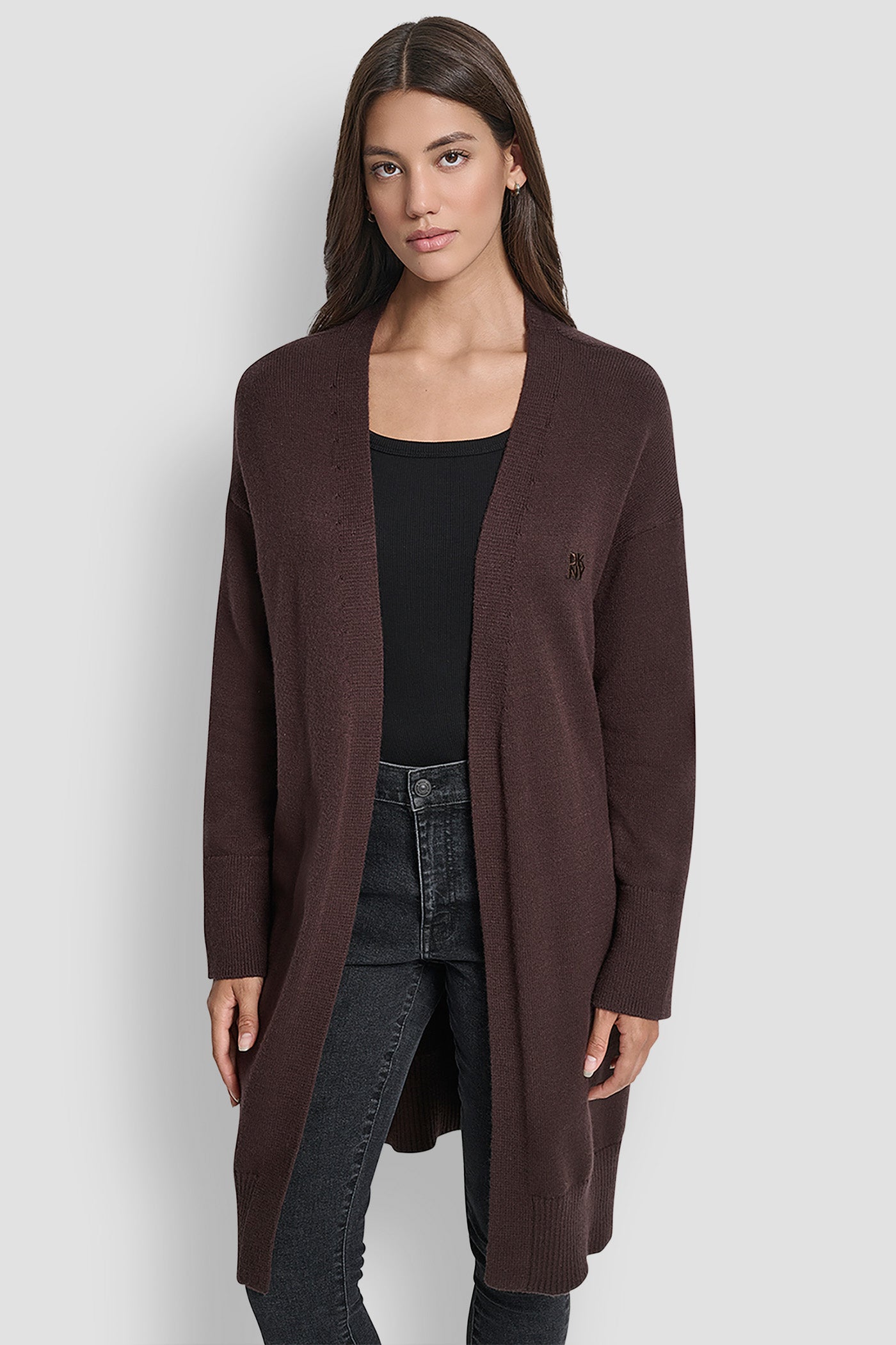 BLACK/BROWN BELTED LOGO-EMBELLISHED CARDIGAN, BACK VIEW