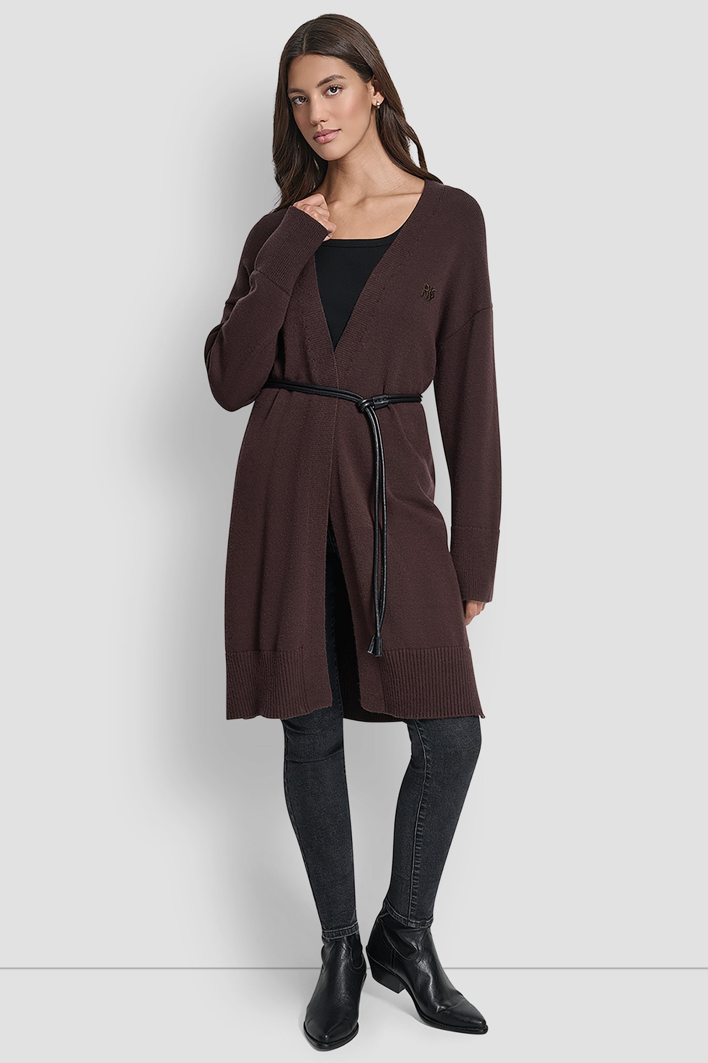 BLACK/BROWN BELTED LOGO-EMBELLISHED CARDIGAN, FRONT VIEW
