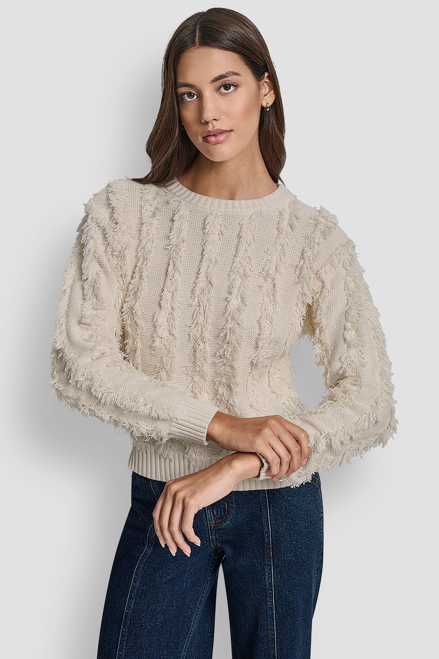 BLONDE LONG SLEEVE CREW NECK WITH FRINGE STITCHING, FRONT VIEW | DKNY JEANS