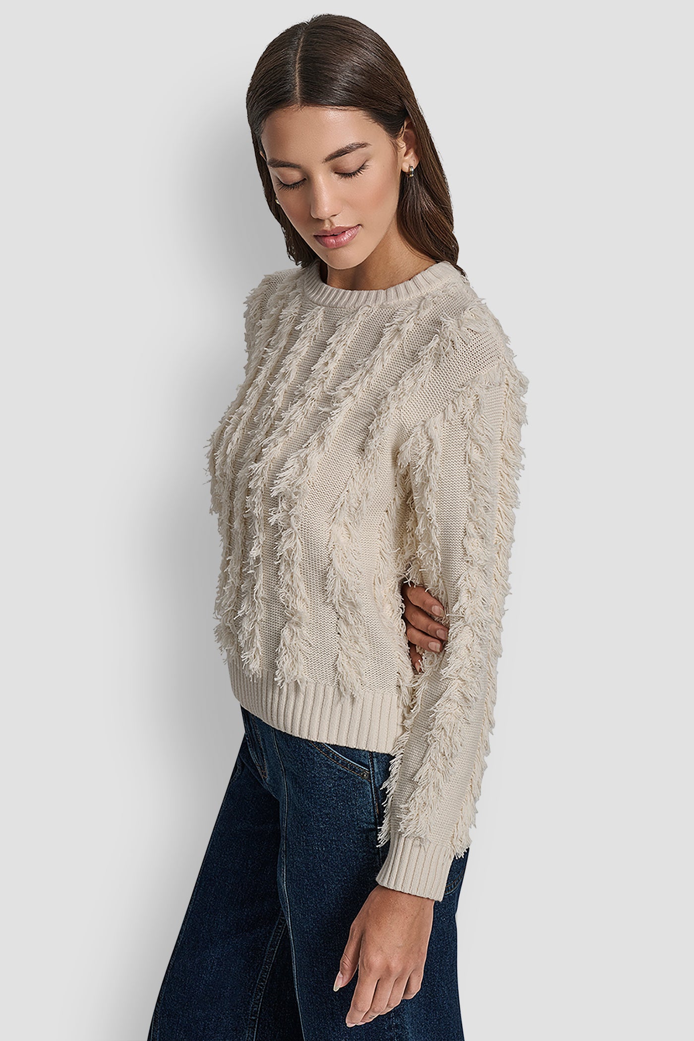 BLONDE LONG SLEEVE CREW NECK WITH FRINGE STITCHING, BACK VIEW | DKNY JEANS
