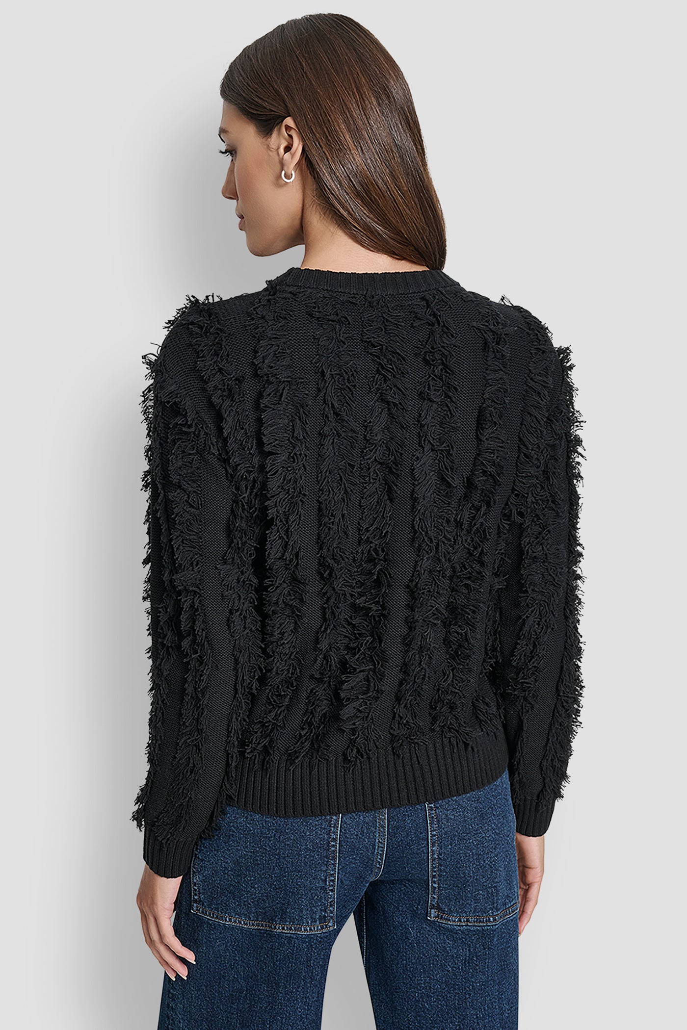 Black LONG SLEEVE CREW NECK WITH FRINGE STITCHING, BACK VIEW | DKNY JEANS